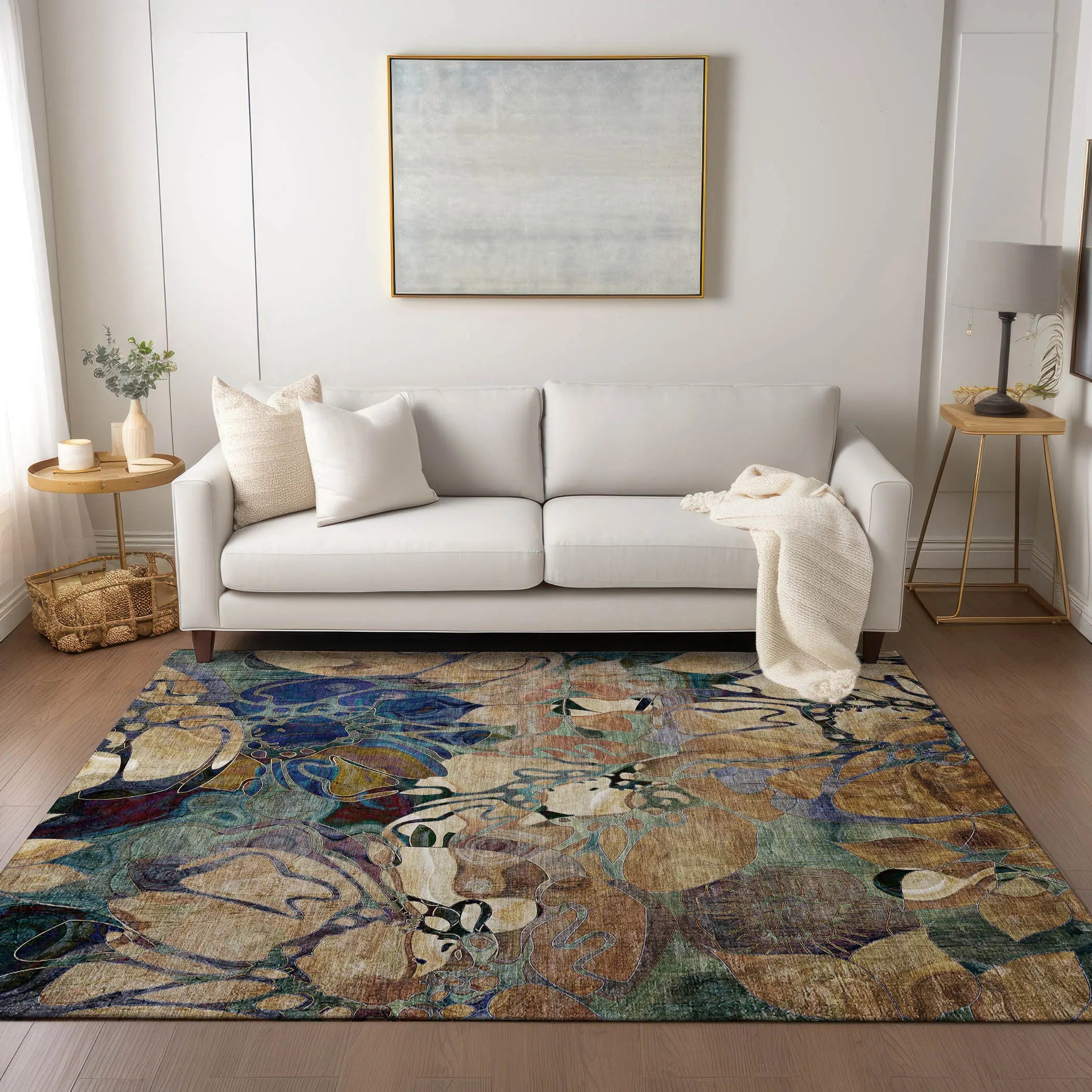 9' X 12' Beige And Blue Abstract Washable Indoor Outdoor Area Rug - GreatEagleInc