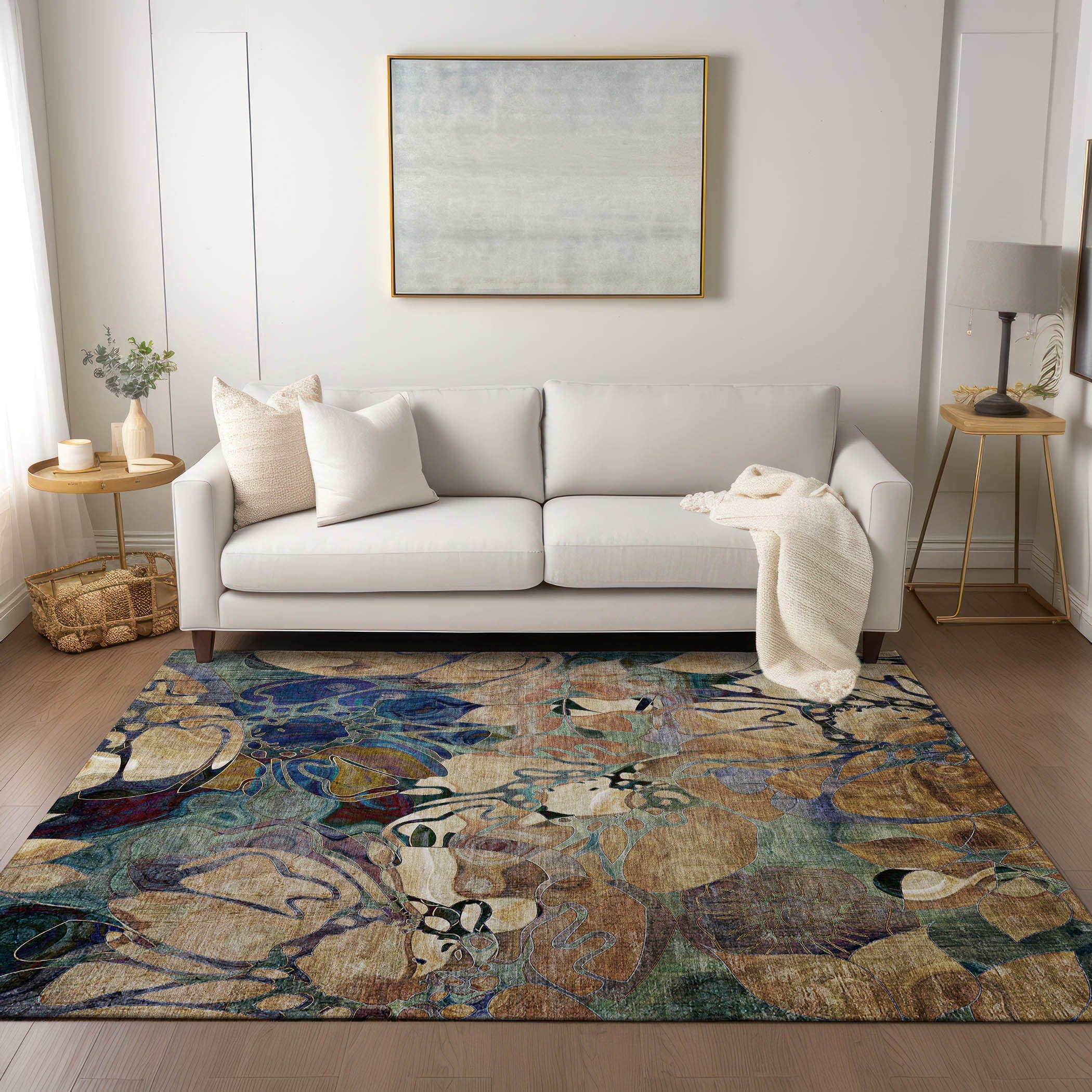 9' X 12' Beige And Blue Abstract Washable Indoor Outdoor Area Rug - GreatEagleInc