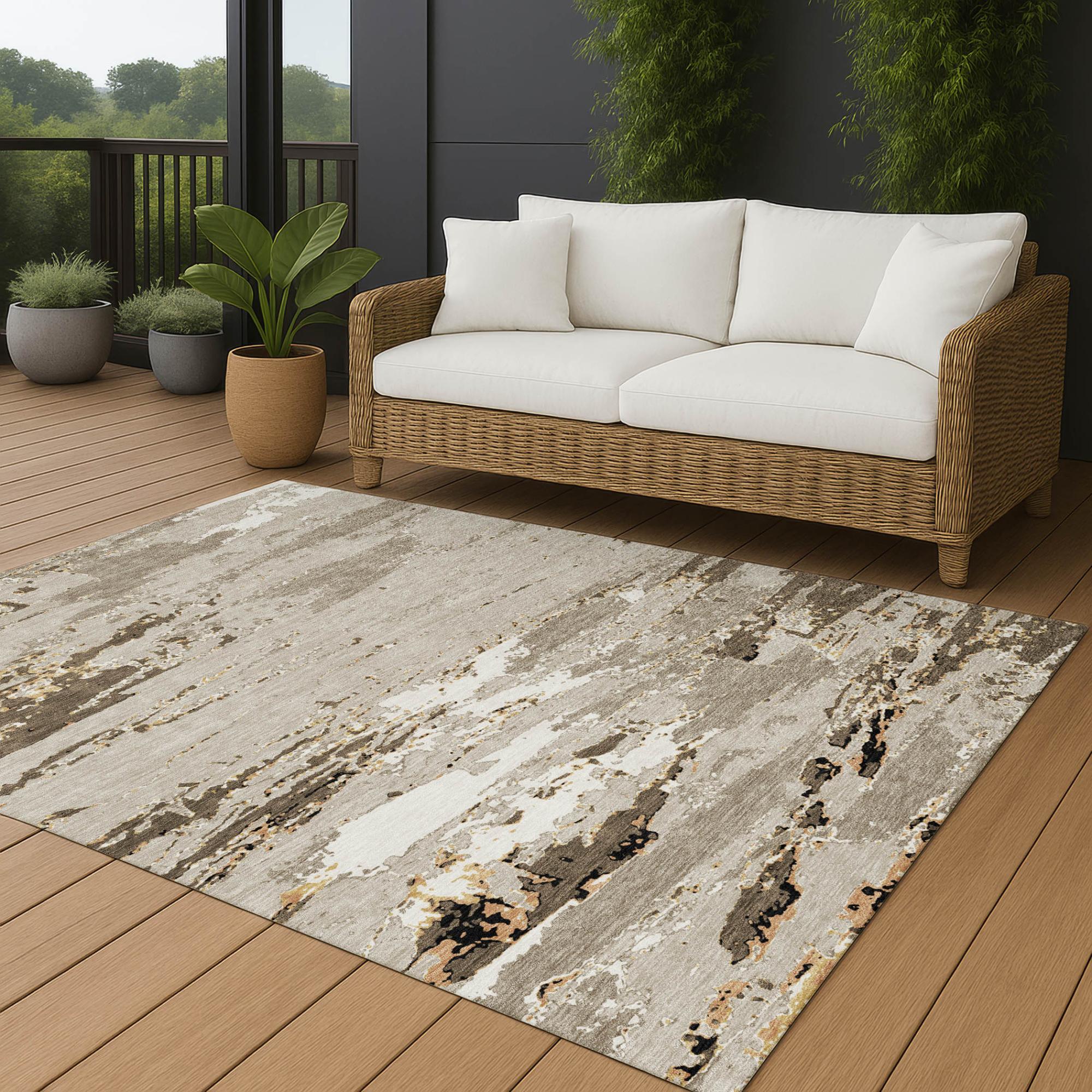 9' X 12' Beige And Brown Abstract Washable Indoor Outdoor Area Rug Homeroots Outdoor
