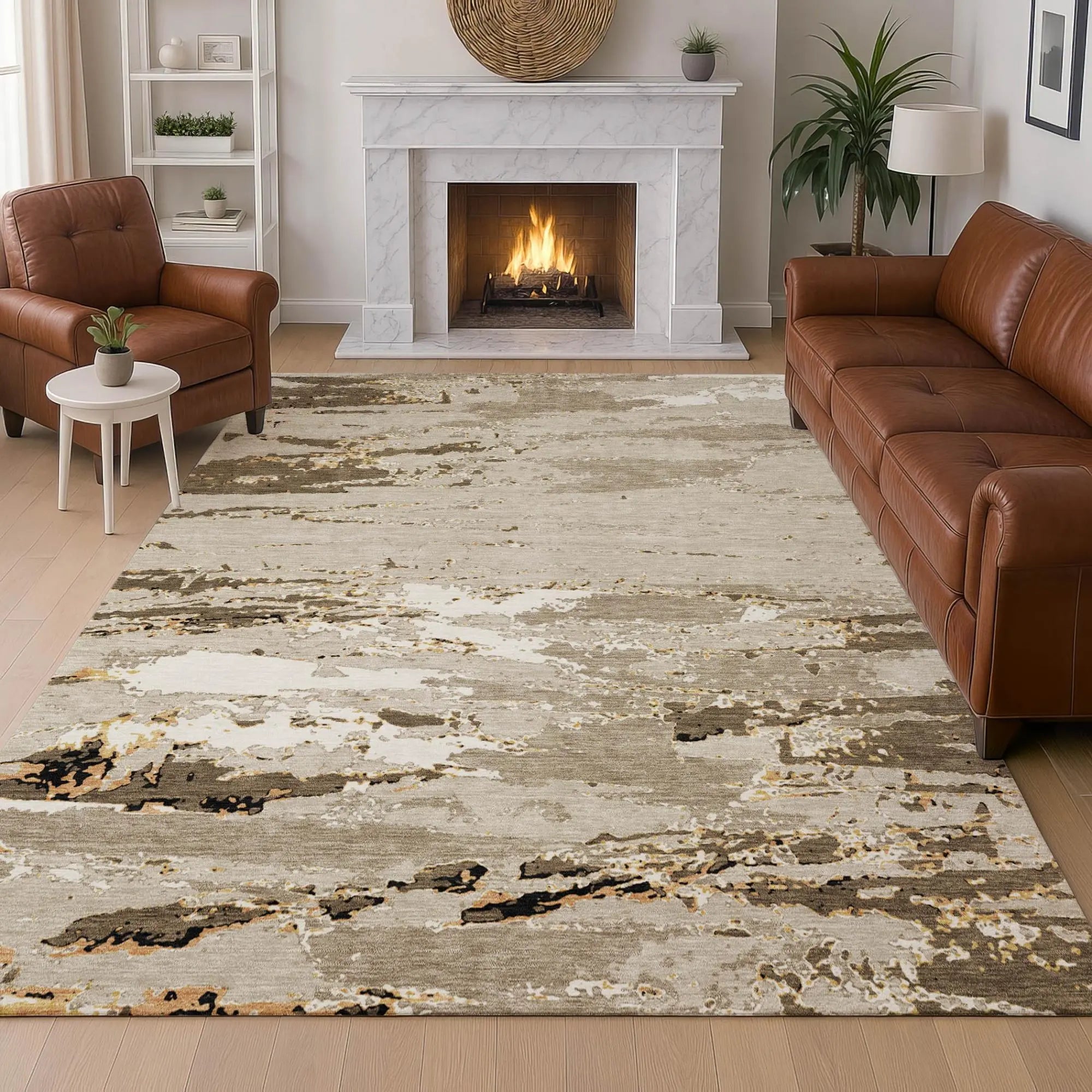 9' X 12' Beige And Brown Abstract Washable Indoor Outdoor Area Rug Homeroots Outdoor