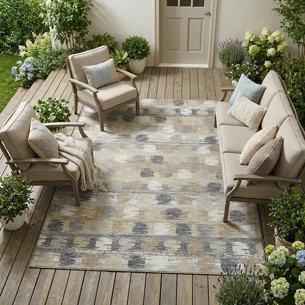 9' X 12' Beige And Brown Abstract Washable Indoor Outdoor Area Rug Homeroots Outdoor