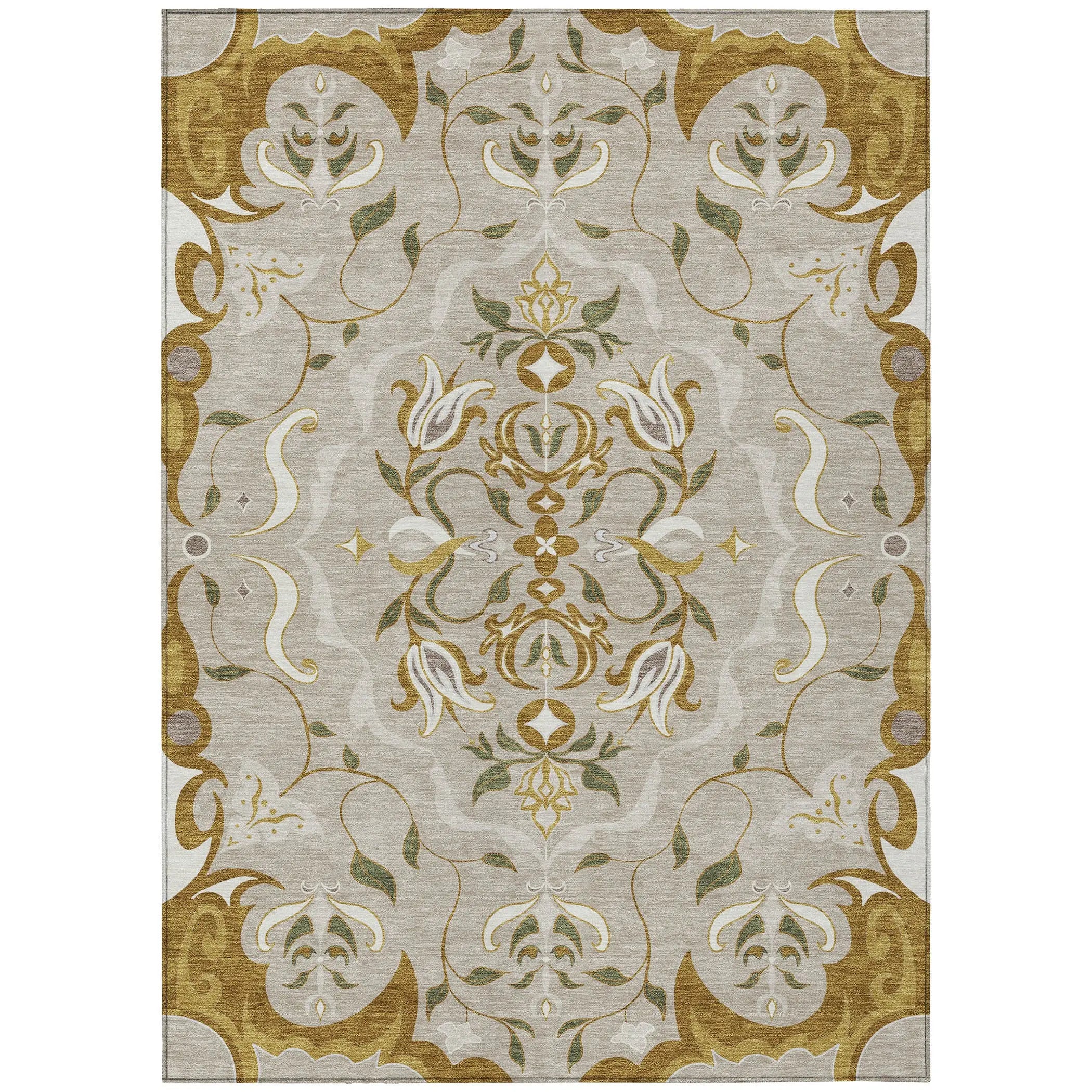 9' X 12' Beige And Brown Damask Washable Indoor Outdoor Area Rug Homeroots Outdoor