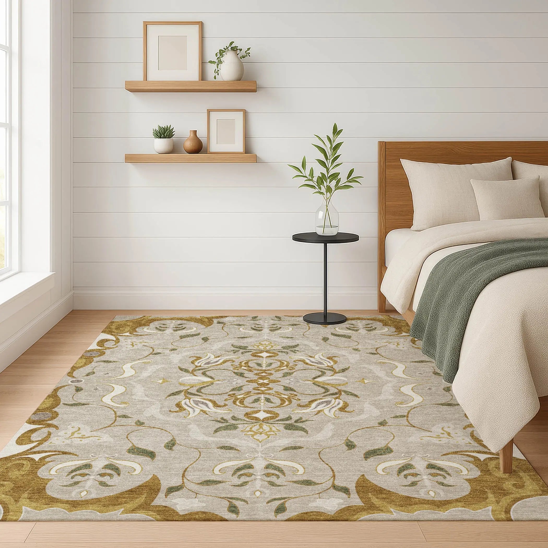9' X 12' Beige And Brown Damask Washable Indoor Outdoor Area Rug Homeroots Outdoor
