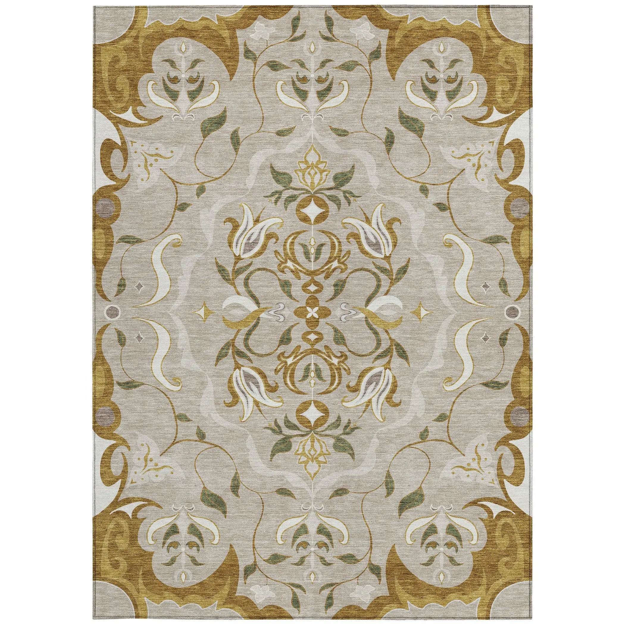 9' X 12' Beige And Brown Damask Washable Indoor Outdoor Area Rug Homeroots Outdoor