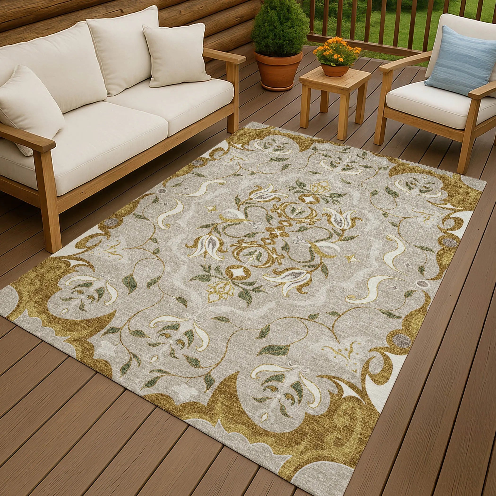 9' X 12' Beige And Brown Damask Washable Indoor Outdoor Area Rug Homeroots Outdoor