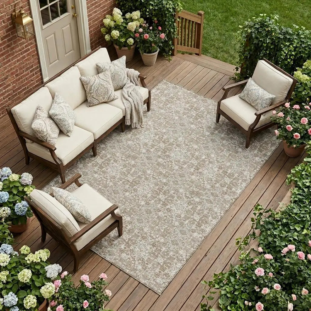 9' X 12' Beige And Brown Damask Washable Indoor Outdoor Area Rug Homeroots Outdoor