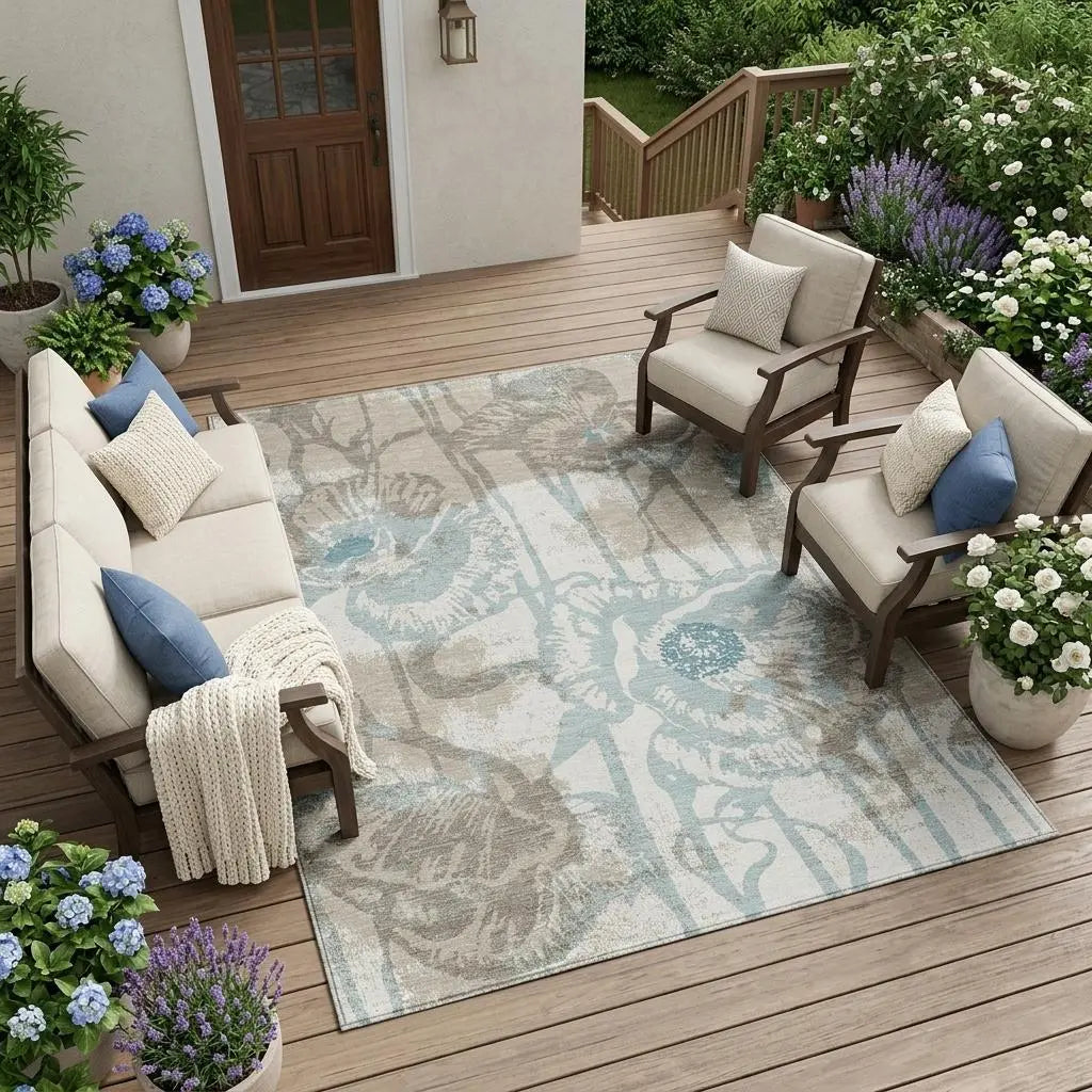 9' X 12' Beige And Brown Floral Washable Indoor Outdoor Area Rug Homeroots Outdoor