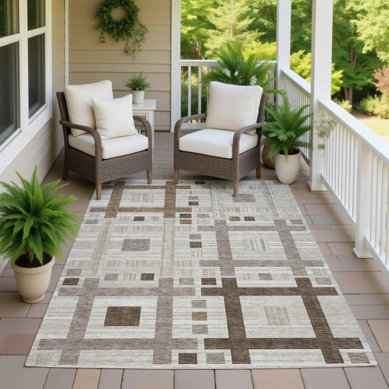 9' X 12' Beige And Brown Geometric Washable Indoor Outdoor Area Rug Homeroots Outdoor