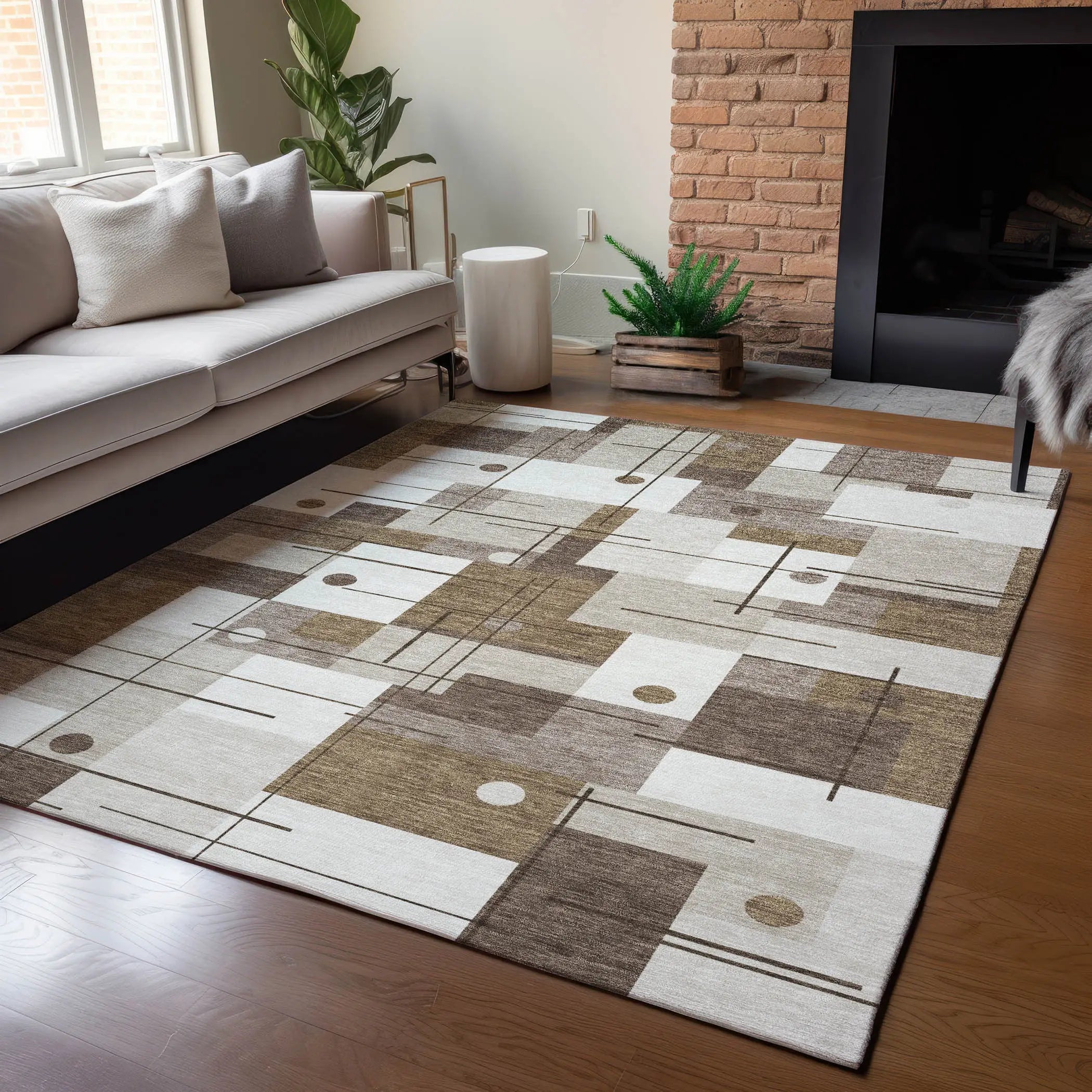 9' X 12' Beige And Brown Geometric Washable Indoor Outdoor Area Rug Homeroots Outdoor