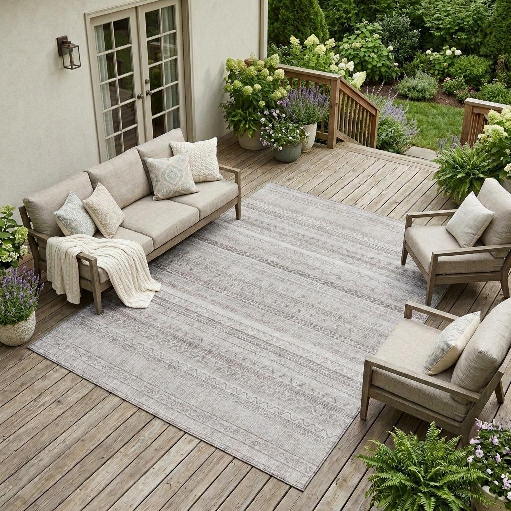 9' X 12' Beige And Brown Striped Washable Indoor Outdoor Area Rug Homeroots Outdoor