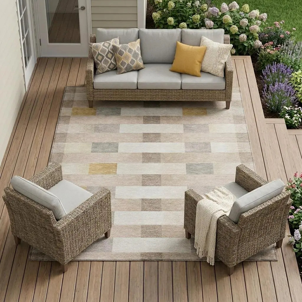 9' X 12' Beige And Brown Striped Washable Indoor Outdoor Area Rug Homeroots Outdoor
