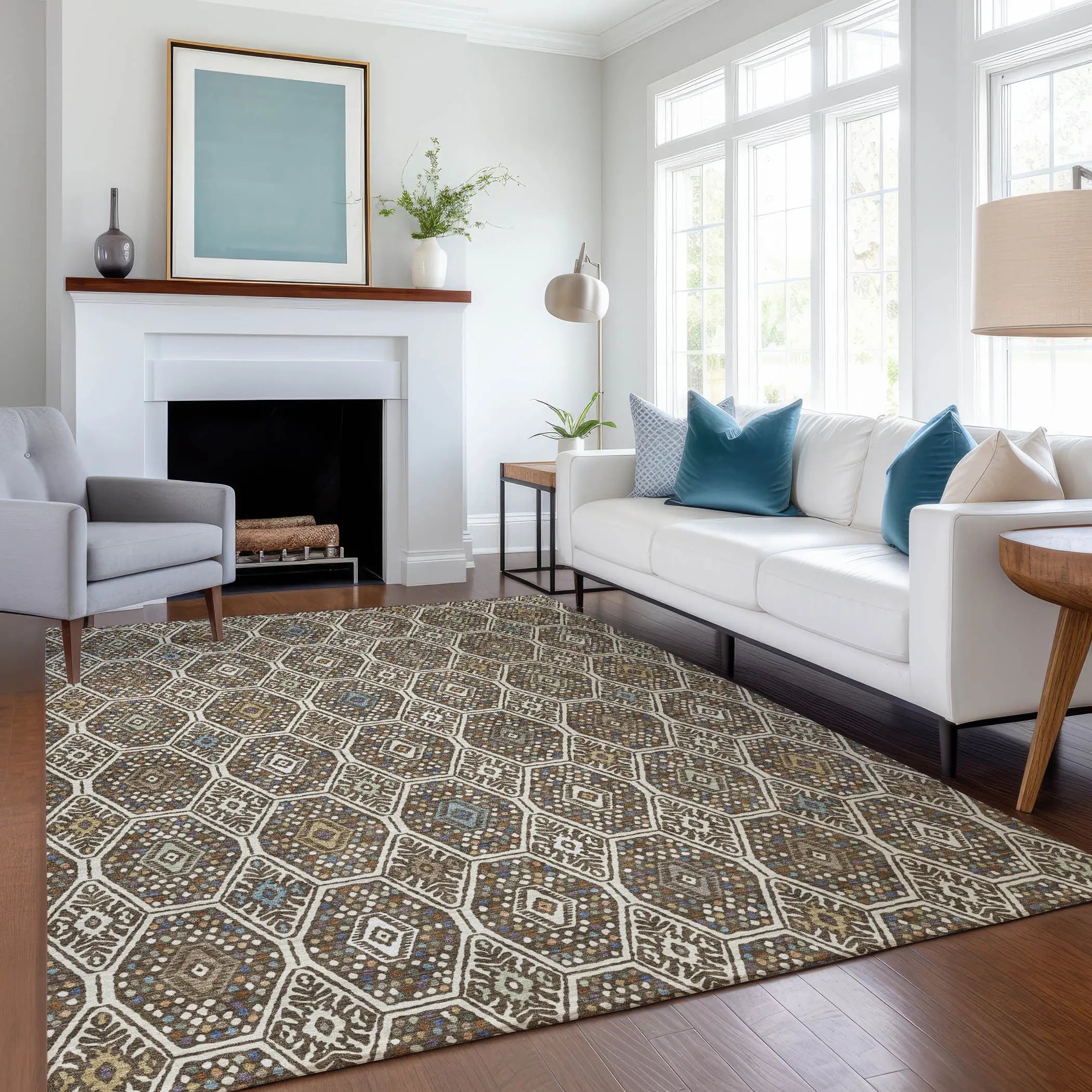 9' X 12' Beige And Chocolate Geometric Washable Indoor Outdoor Area Rug Homeroots Outdoor