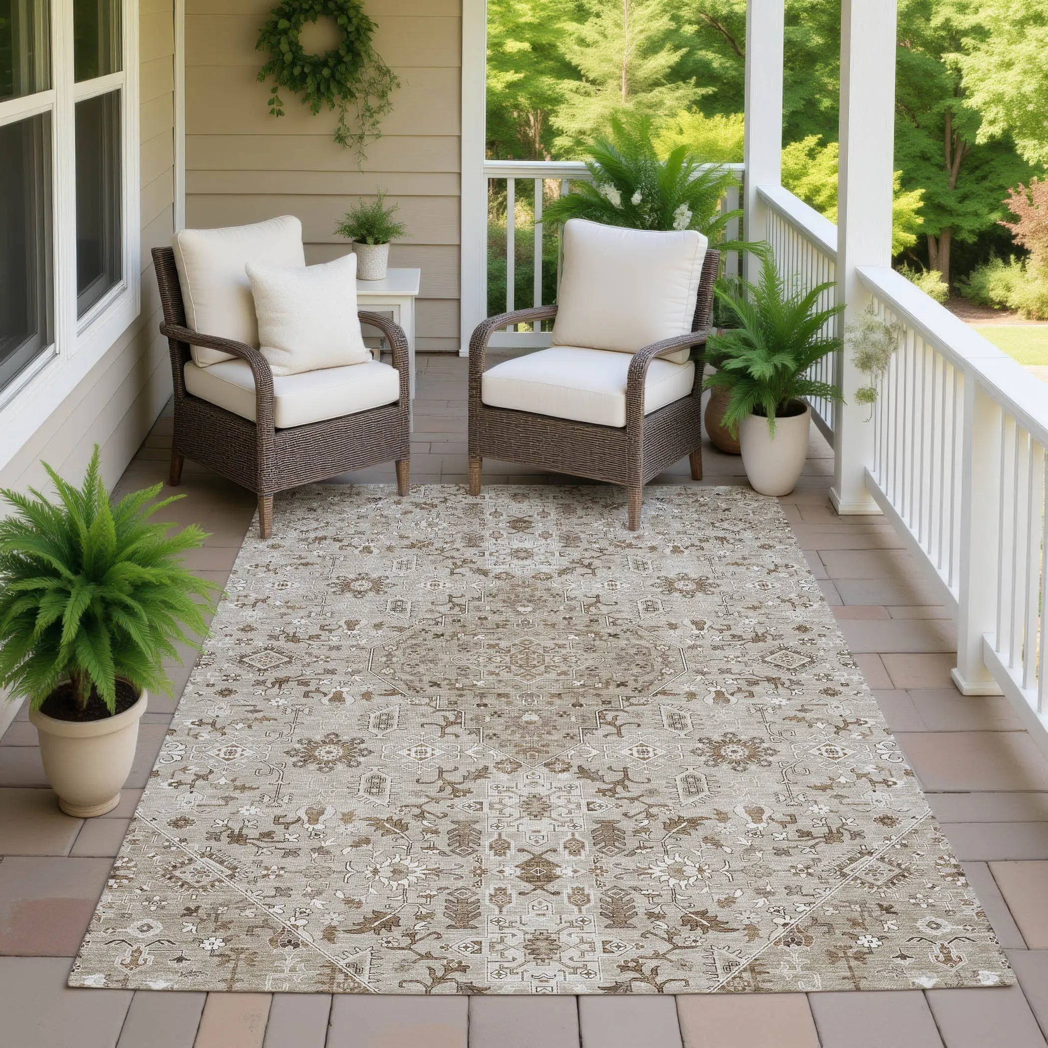 9' X 12' Beige And Graphite Medallion Washable Indoor Outdoor Area Rug Homeroots Outdoor