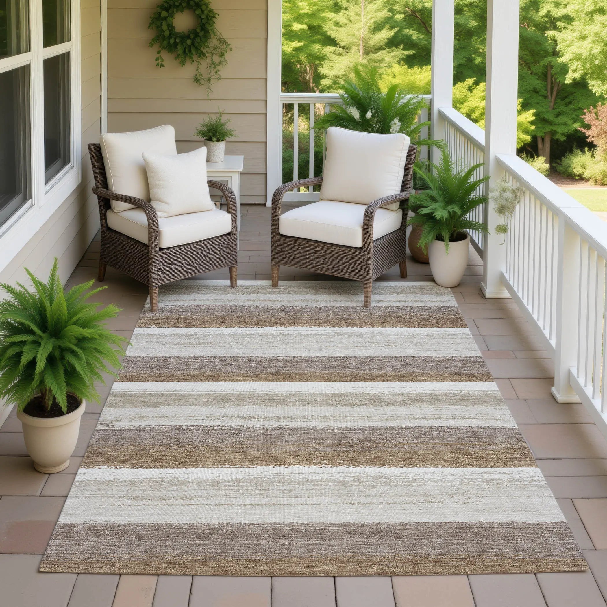 9' X 12' Beige And Graphite Striped Washable Indoor Outdoor Area Rug Homeroots Outdoor