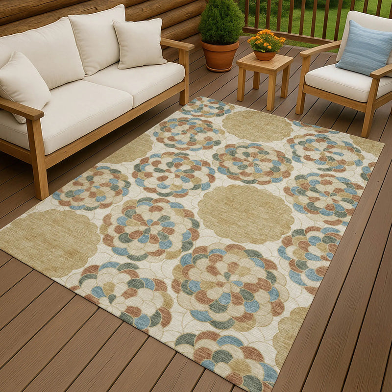 9' X 12' Beige And Ivory Floral Washable Indoor Outdoor Area Rug Homeroots Outdoor