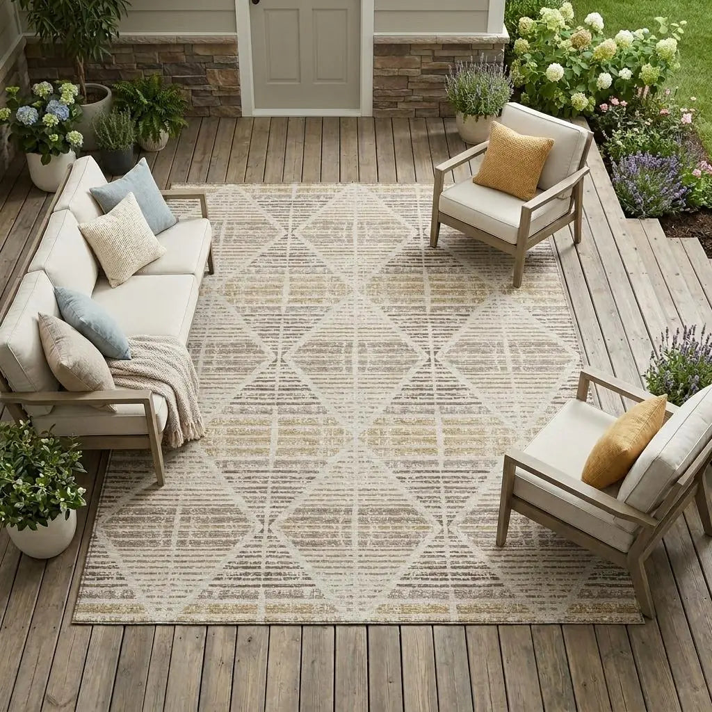 9' X 12' Beige And Ivory Geometric Washable Indoor Outdoor Area Rug Homeroots Outdoor