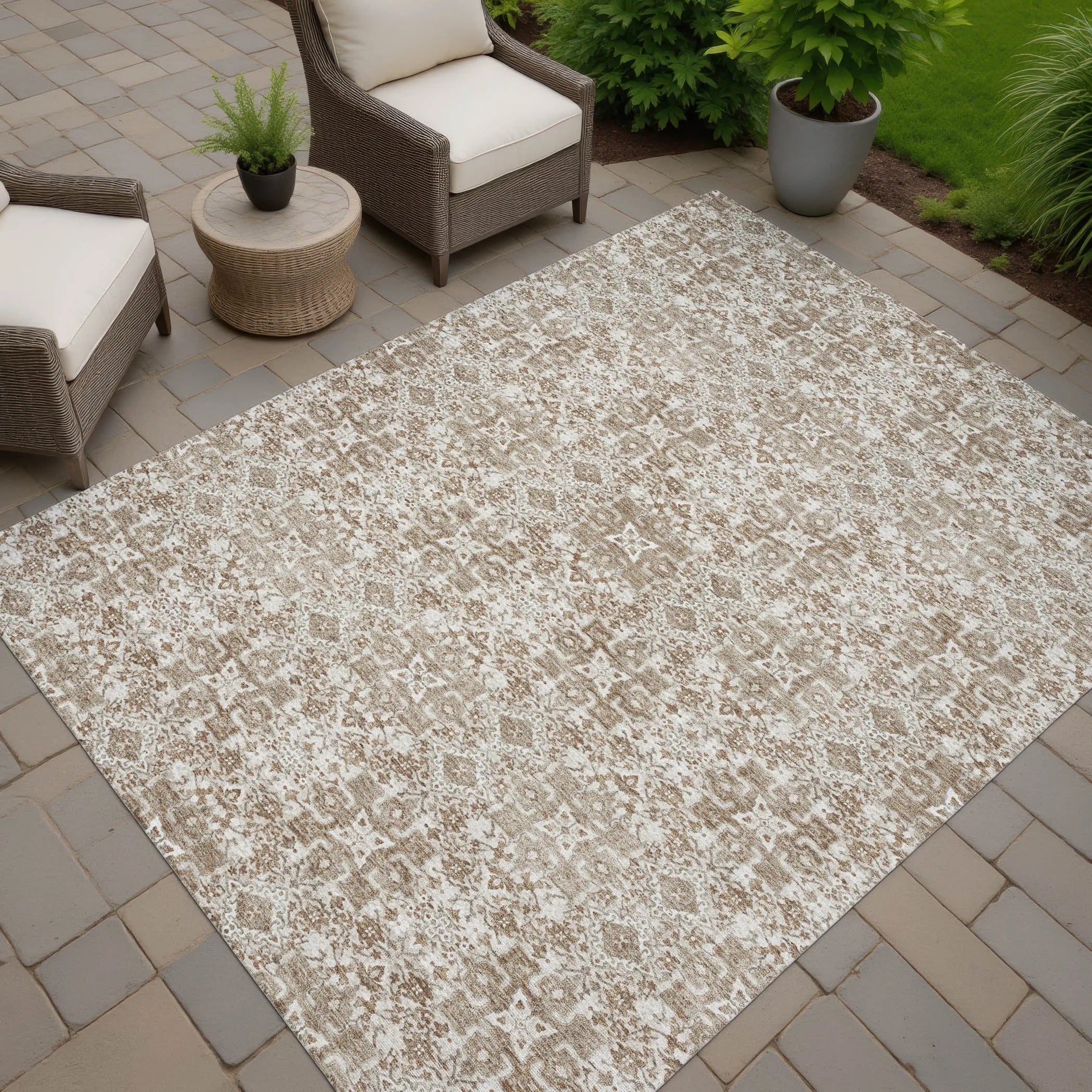 9' X 12' Beige And Khaki Oriental Washable Indoor Outdoor Area Rug Homeroots Outdoor