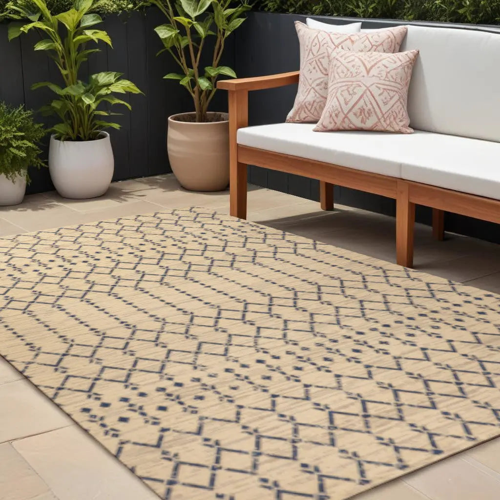 9' X 12' Beige And Navy Blue Trellis Indoor Outdoor Area Rug Homeroots Outdoor