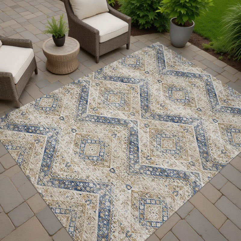 9' X 12' Beige And Teal Blue Tribal Washable Indoor Outdoor Area Rug Homeroots Outdoor