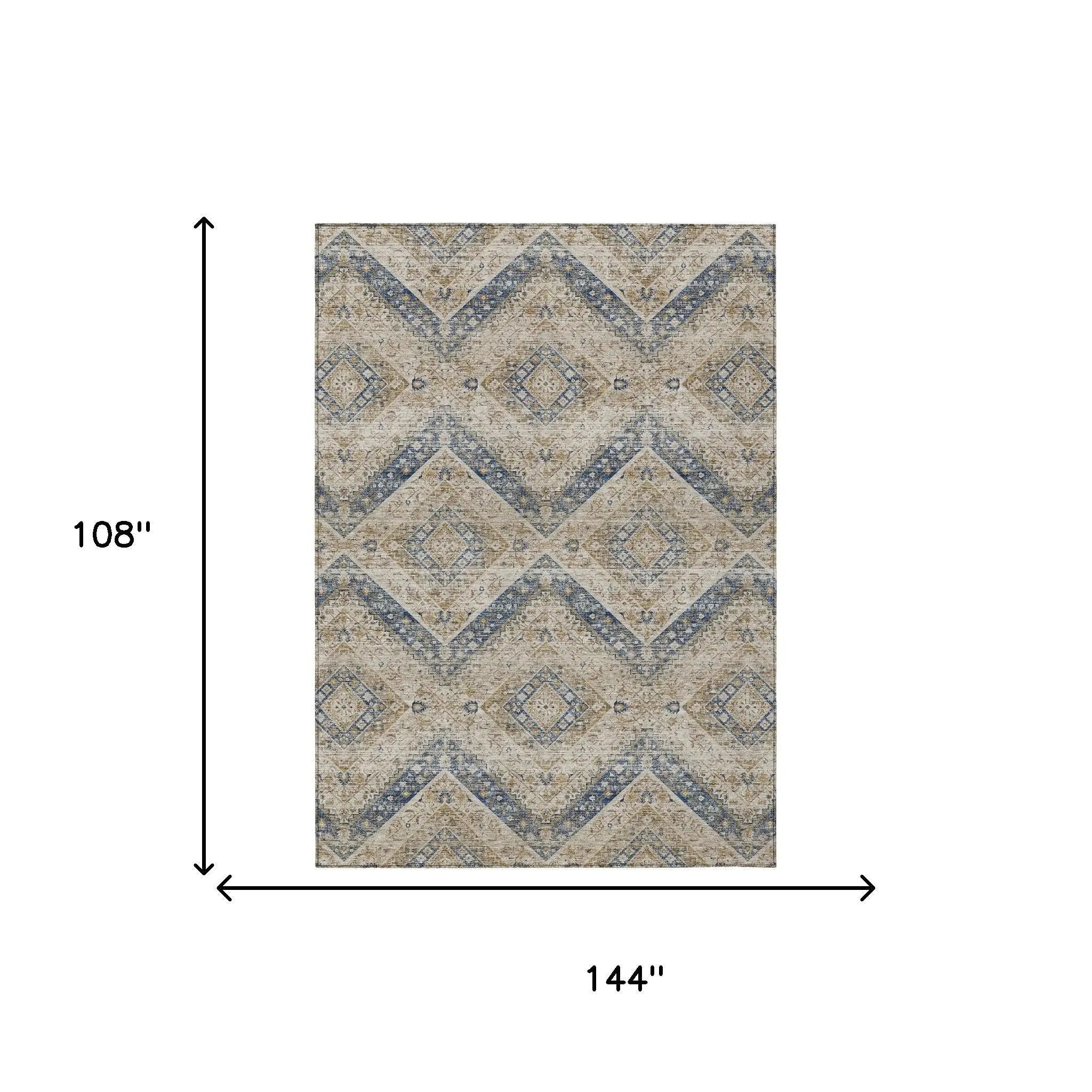 9' X 12' Beige And Teal Blue Tribal Washable Indoor Outdoor Area Rug Homeroots Outdoor