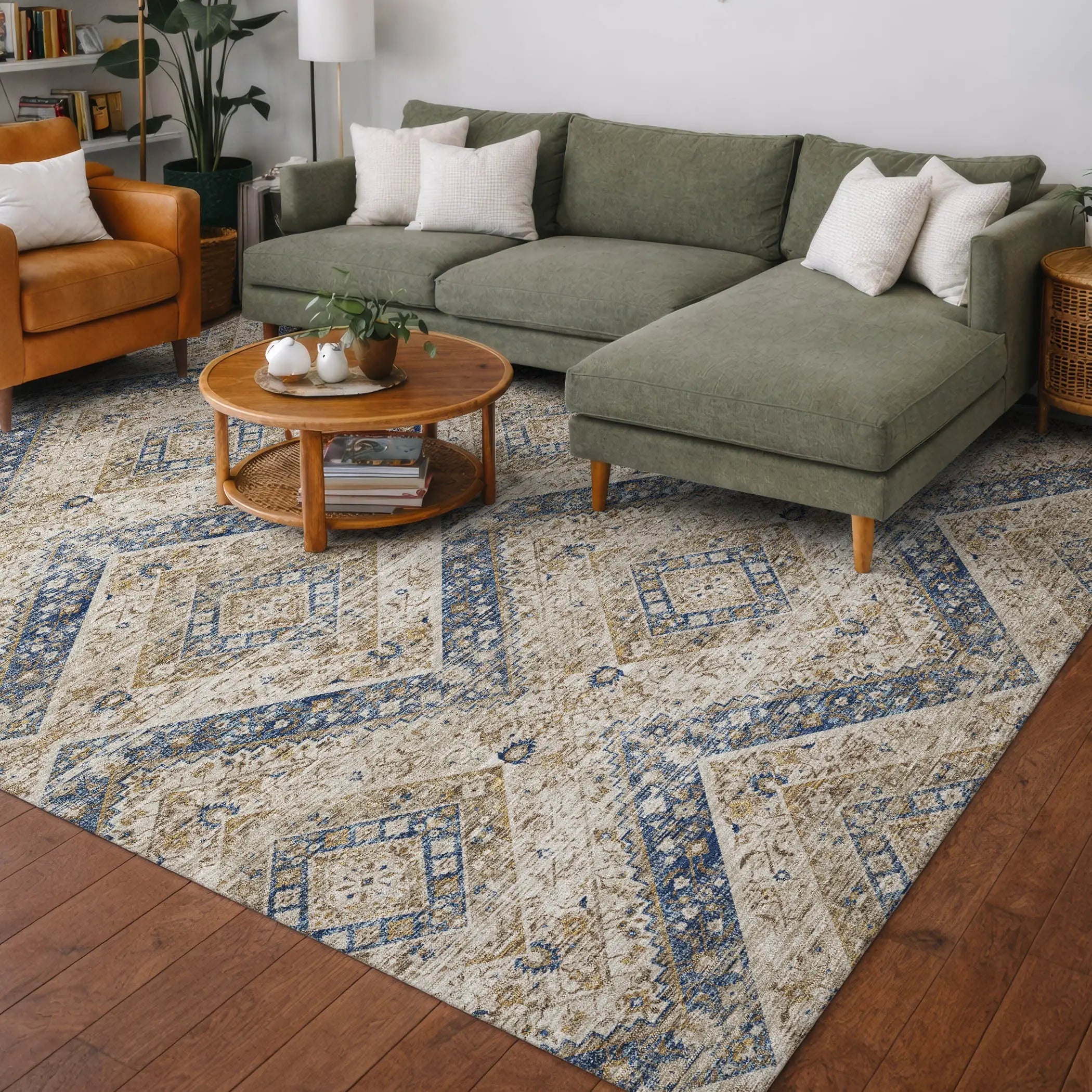 9' X 12' Beige And Teal Blue Tribal Washable Indoor Outdoor Area Rug Homeroots Outdoor