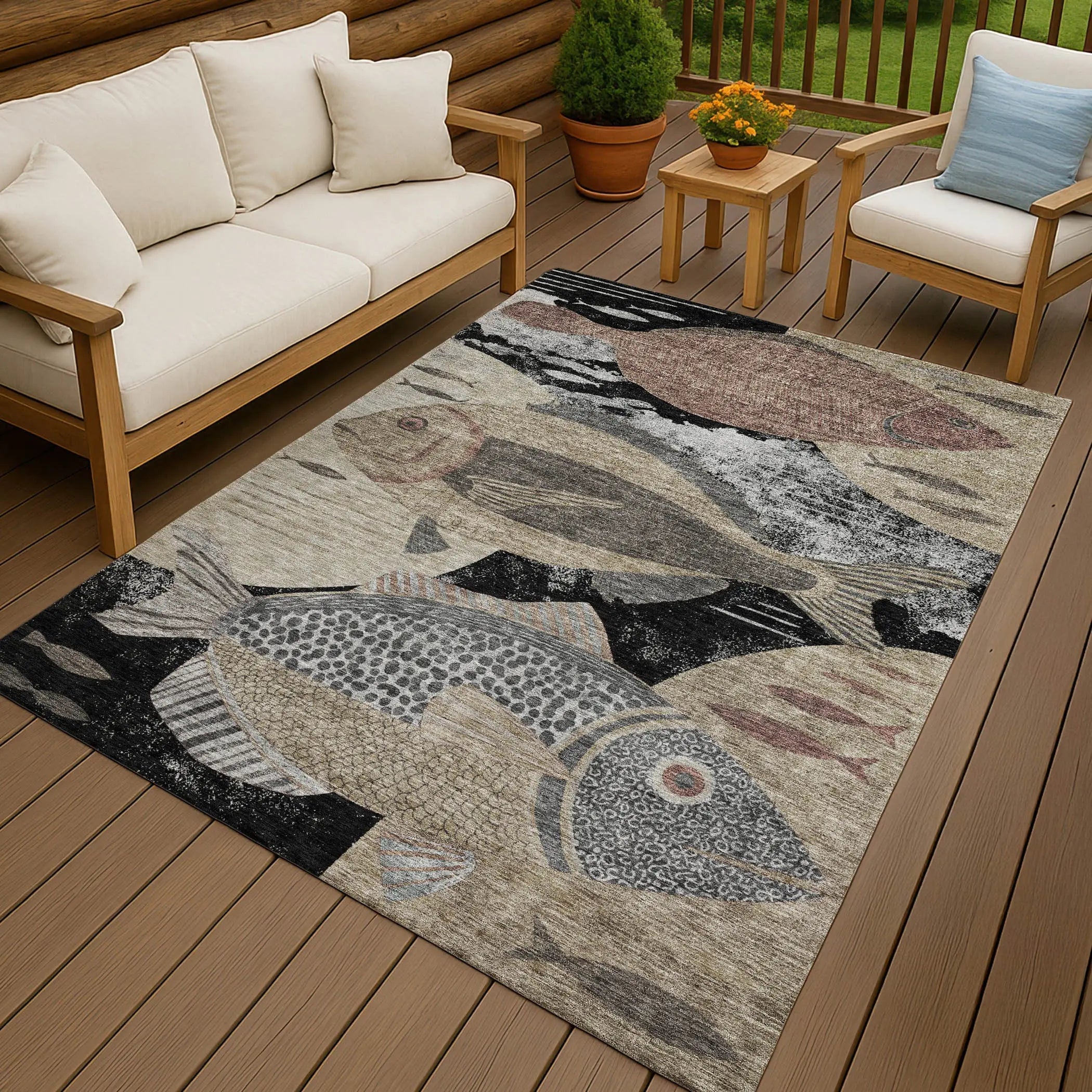 9' X 12' Black And Beige Tropical Fish Washable Indoor Outdoor Area Rug Homeroots Outdoor