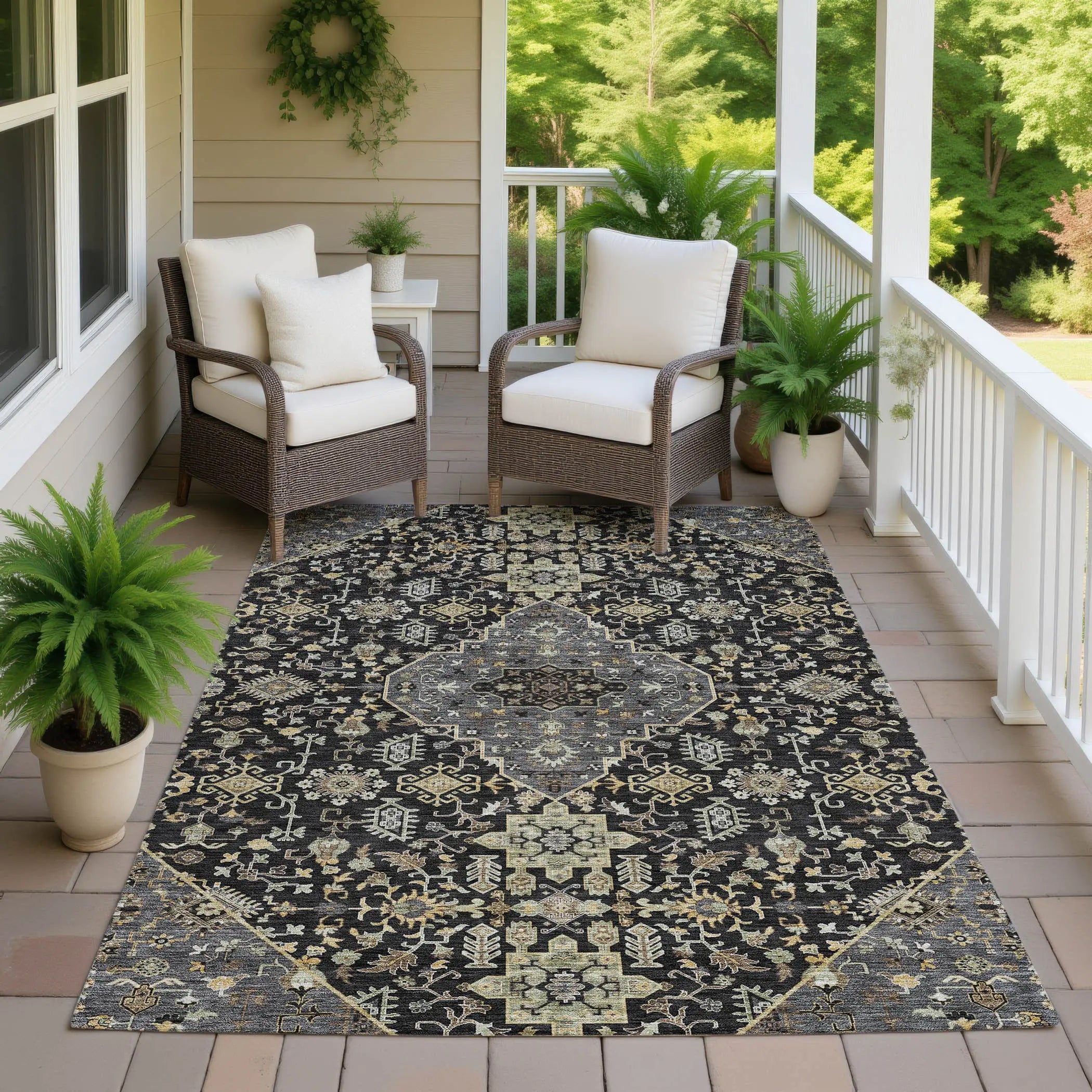9' X 12' Black And Brown Medallion Washable Indoor Outdoor Area Rug Homeroots Outdoor