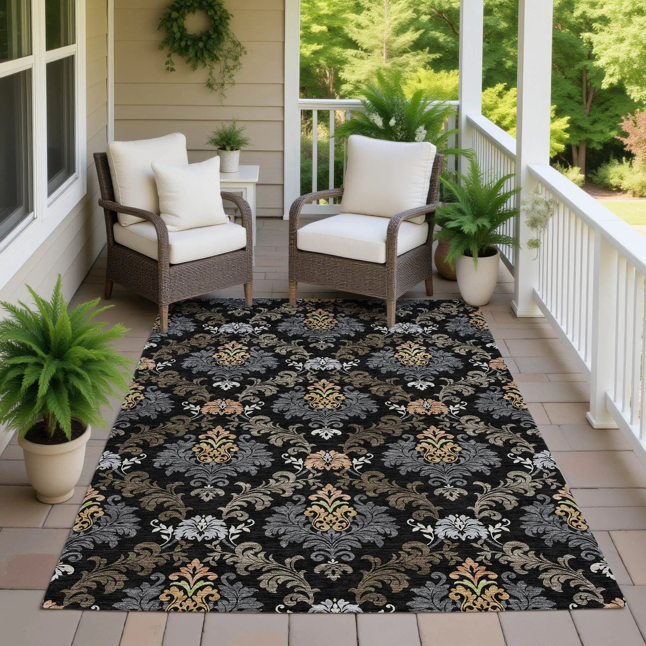 9' X 12' Black And Charcoal Damask Washable Indoor Outdoor Area Rug Homeroots Outdoor