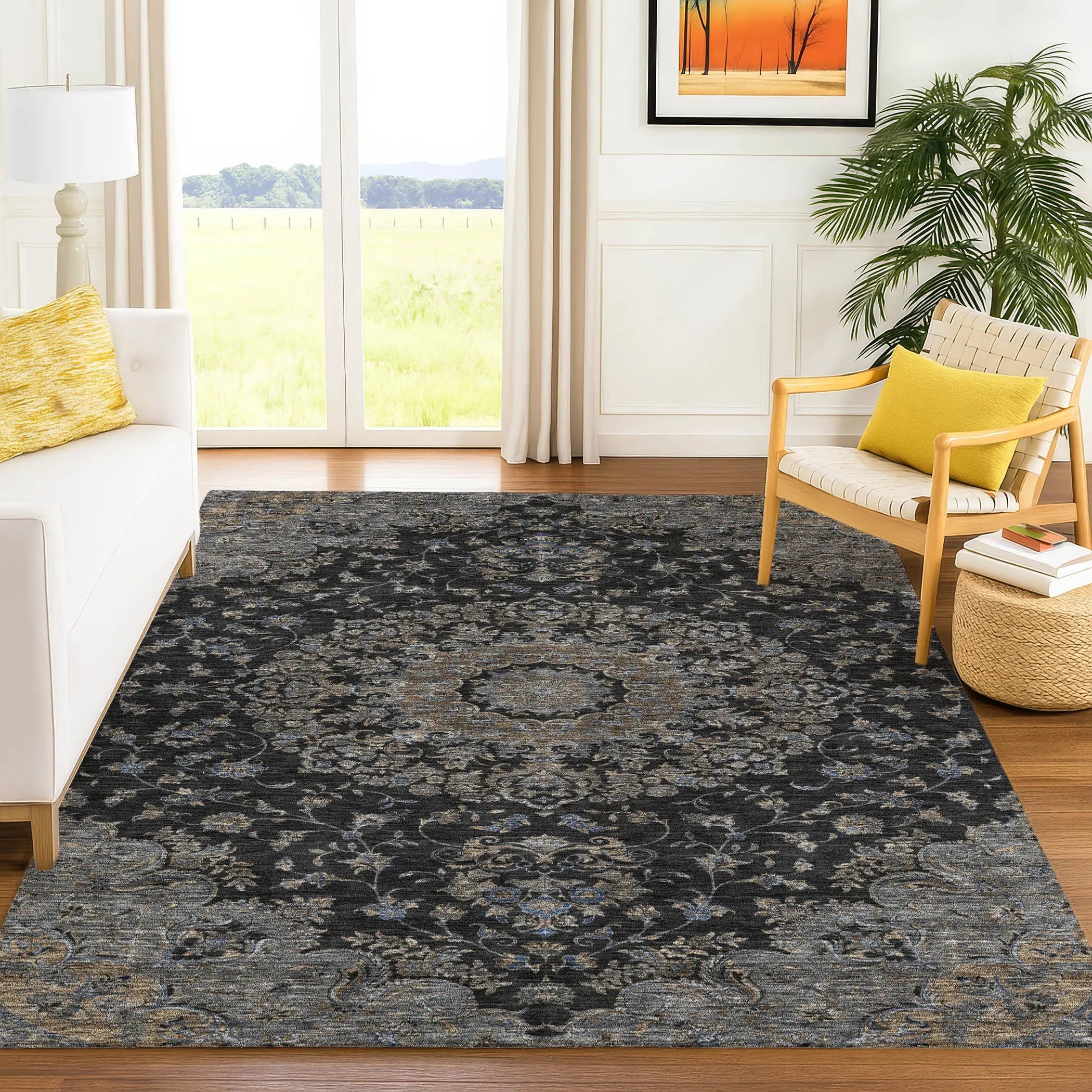 9' X 12' Black And Charcoal Floral Medallion Washable Indoor Outdoor Area Rug Homeroots Outdoor