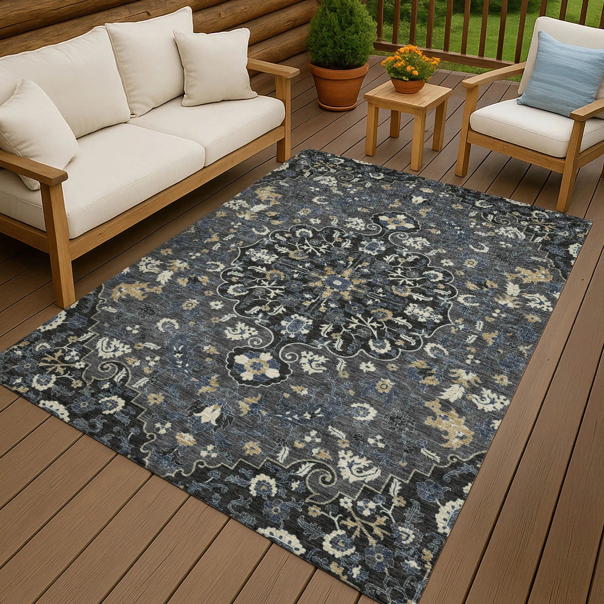 9' X 12' Black And Charcoal Floral Medallion Washable Indoor Outdoor Area Rug Homeroots Outdoor