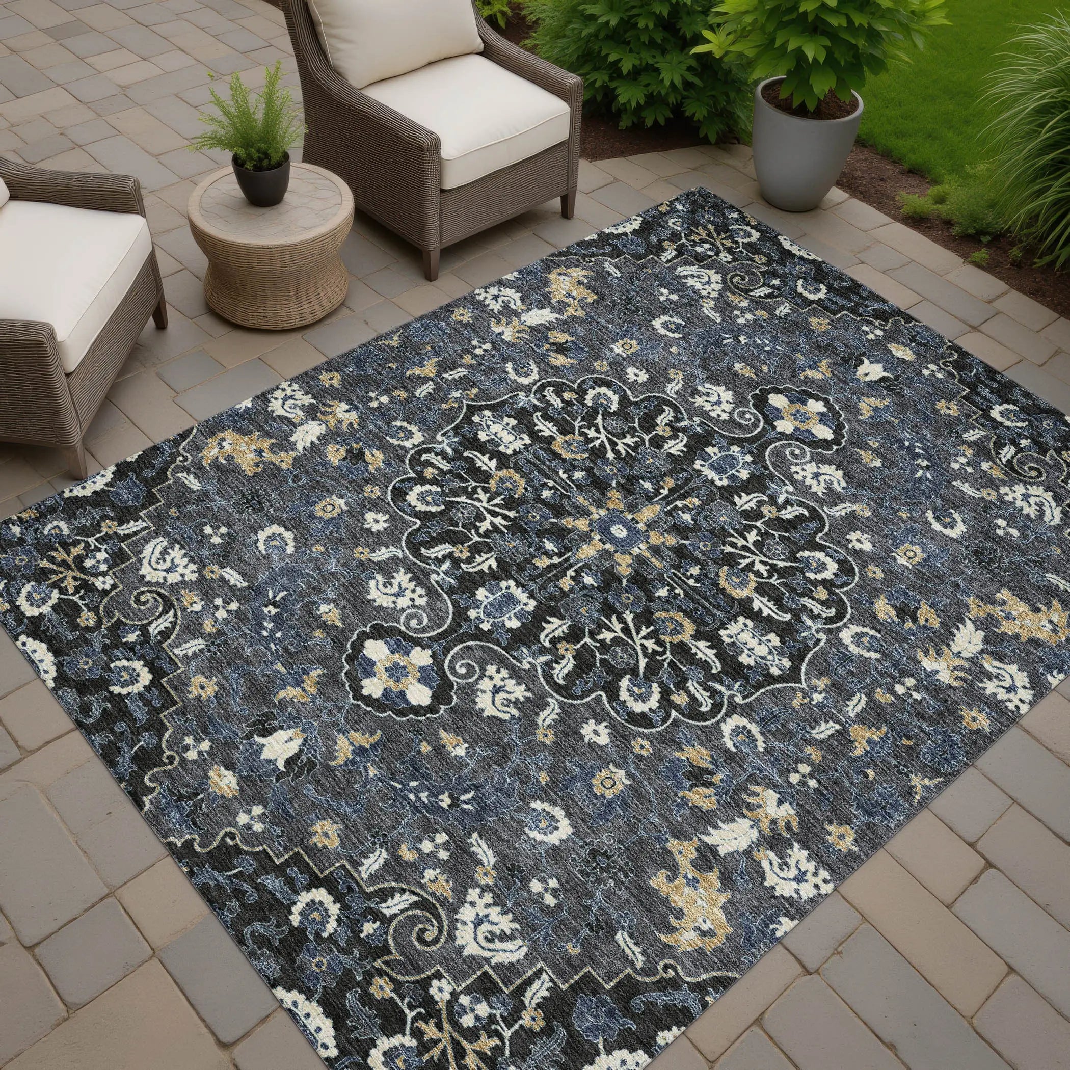 9' X 12' Black And Charcoal Floral Medallion Washable Indoor Outdoor Area Rug Homeroots Outdoor
