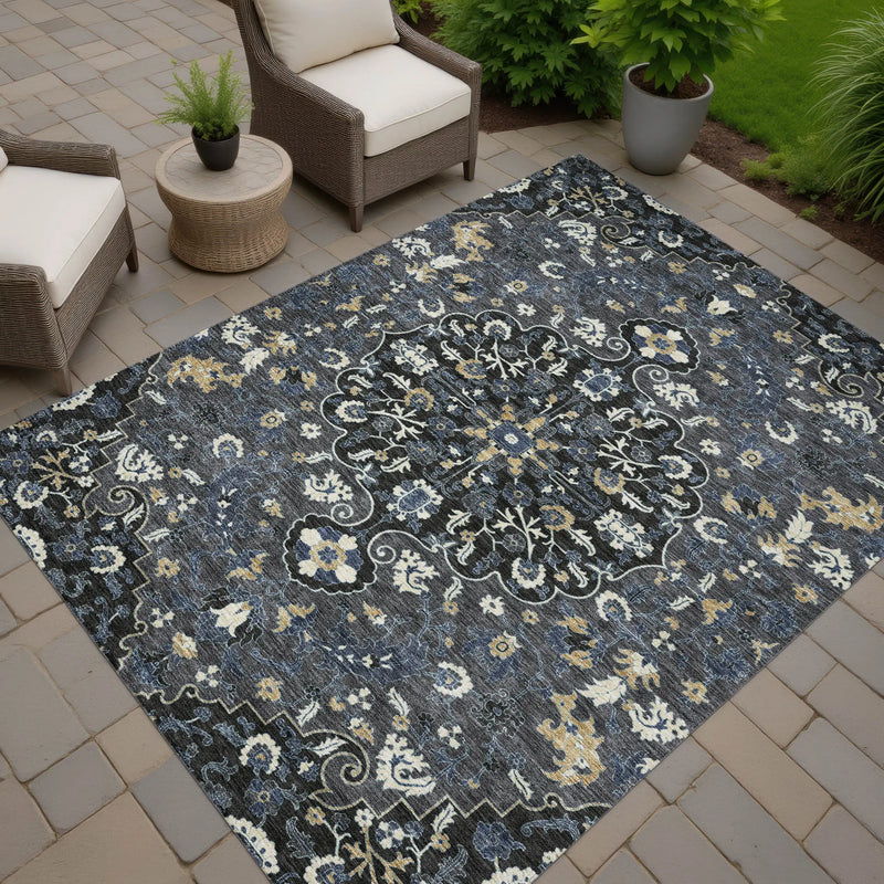 9' X 12' Black And Charcoal Floral Medallion Washable Indoor Outdoor Area Rug Homeroots Outdoor