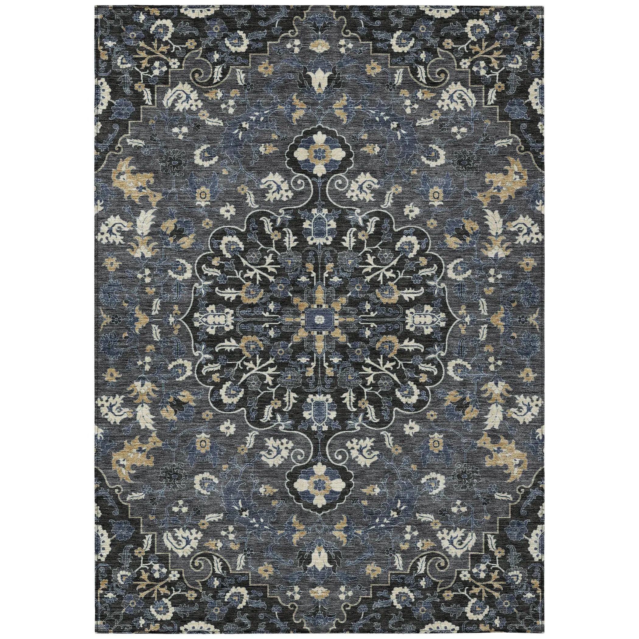 9' X 12' Black And Charcoal Floral Medallion Washable Indoor Outdoor Area Rug Homeroots Outdoor
