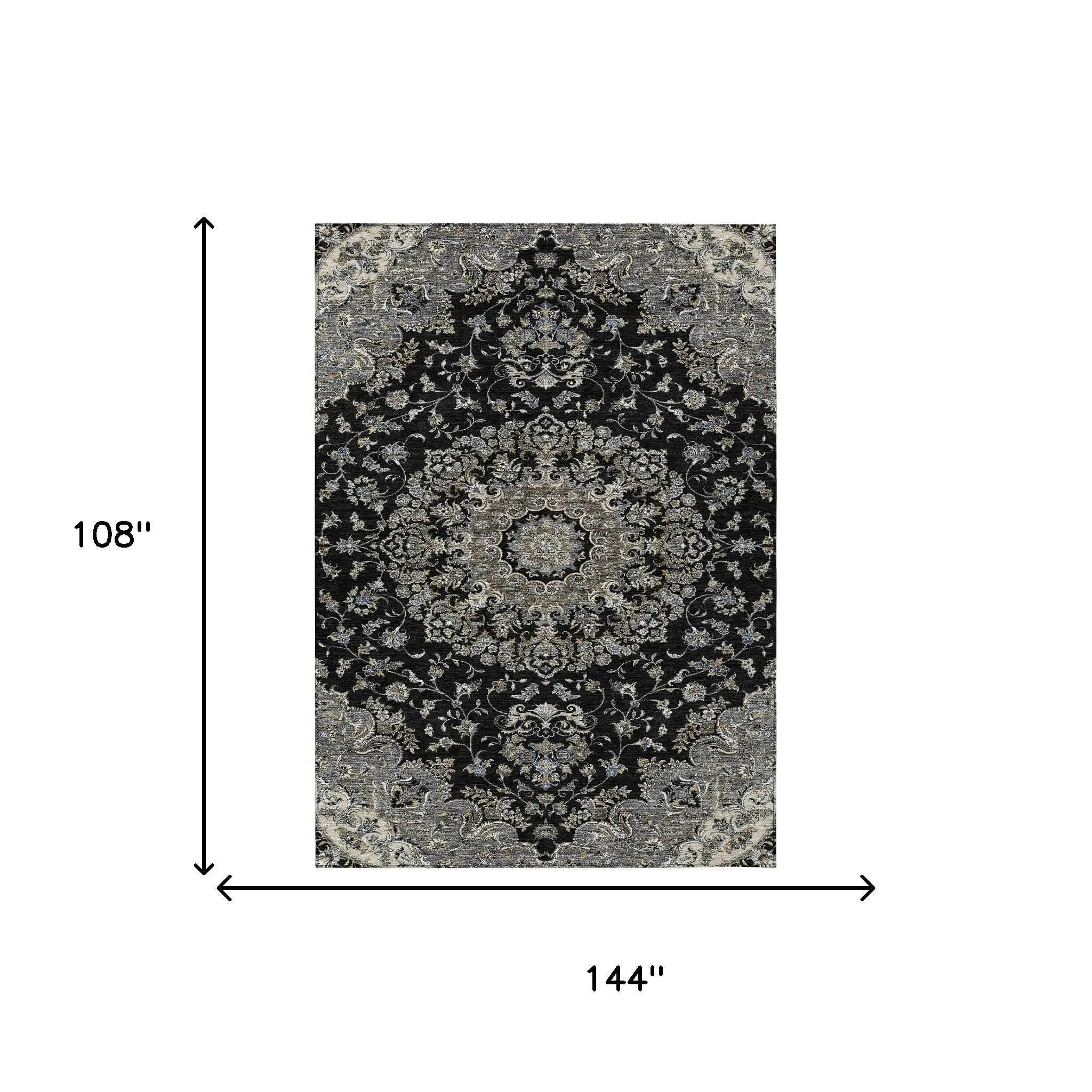 9' X 12' Black And Charcoal Floral Medallion Washable Indoor Outdoor Area Rug Homeroots Outdoor