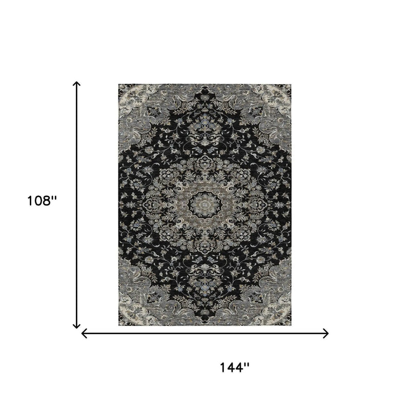 9' X 12' Black And Charcoal Floral Medallion Washable Indoor Outdoor Area Rug Homeroots Outdoor