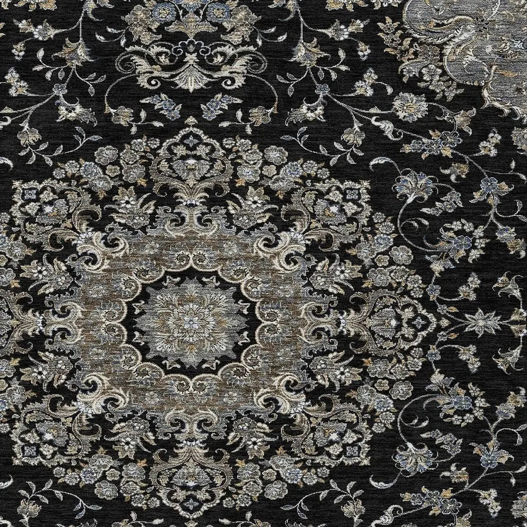 9' X 12' Black And Charcoal Floral Medallion Washable Indoor Outdoor Area Rug Homeroots Outdoor