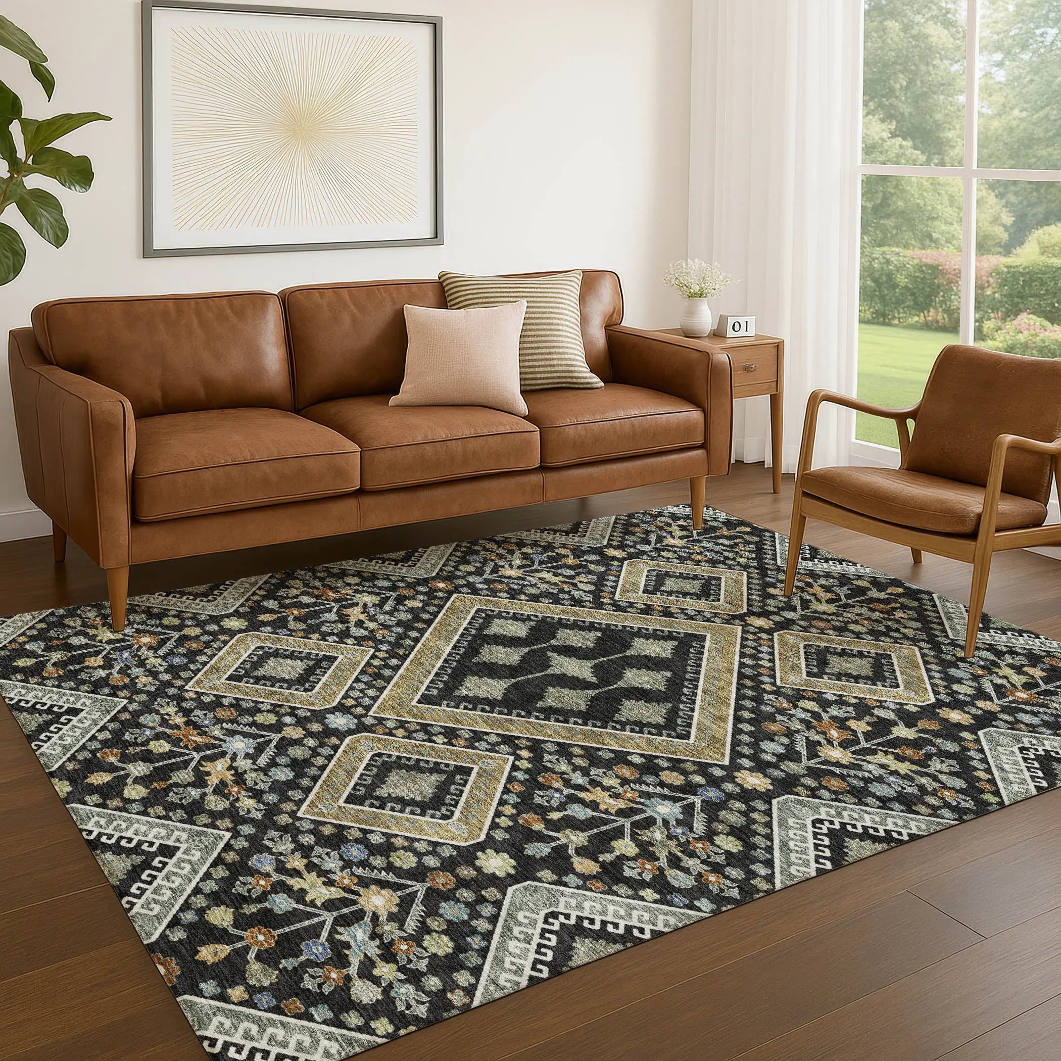 9' X 12' Black And Fern Green Medallion Washable Indoor Outdoor Area Rug Homeroots Outdoor