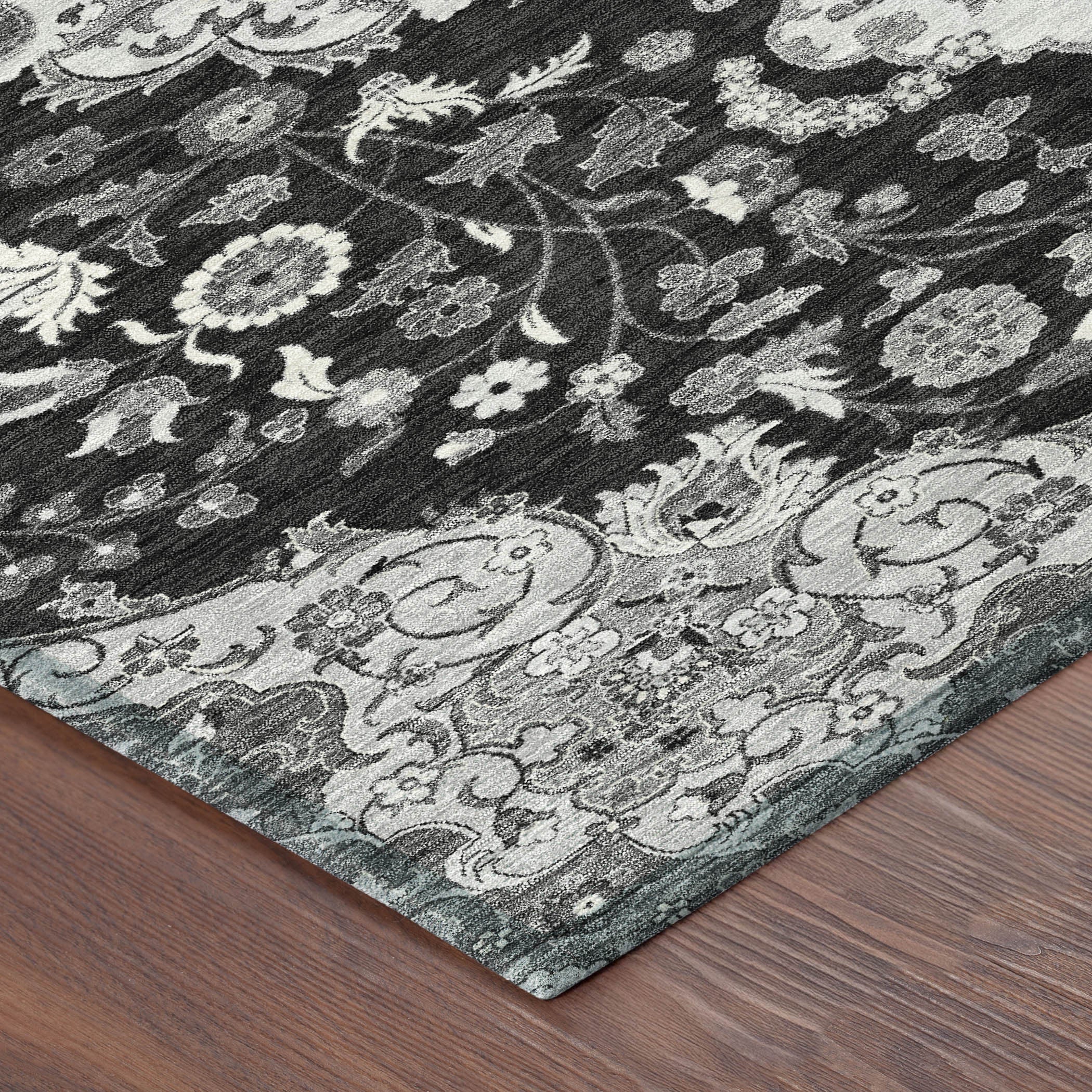 9' X 12' Black And Granite Gray Damask Washable Indoor Outdoor Area Rug Homeroots Outdoor