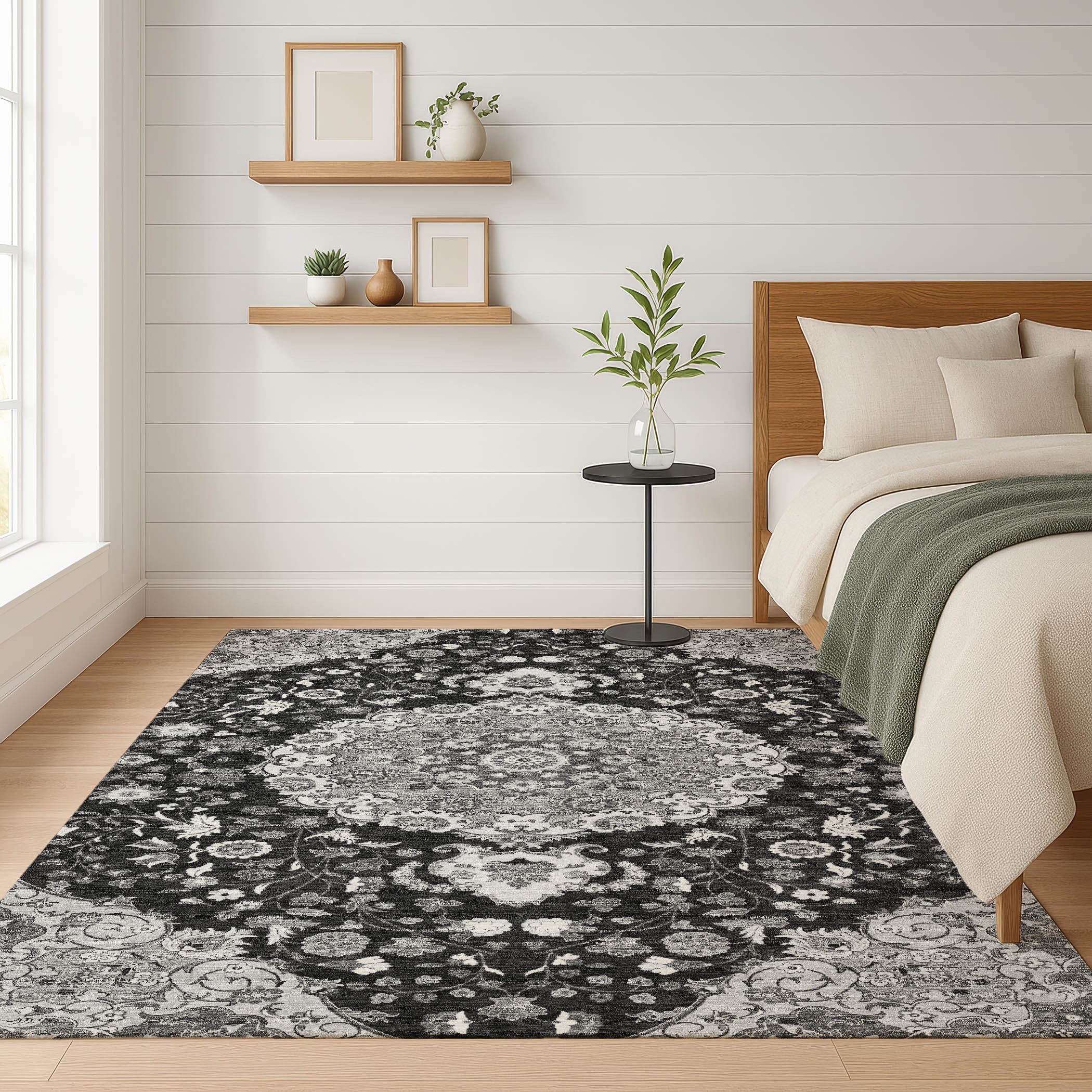 9' X 12' Black And Granite Gray Damask Washable Indoor Outdoor Area Rug Homeroots Outdoor
