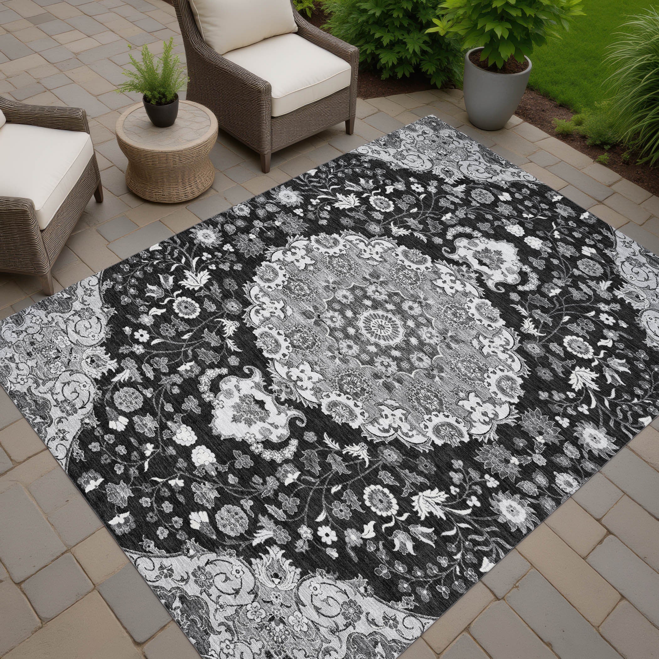 9' X 12' Black And Granite Gray Damask Washable Indoor Outdoor Area Rug Homeroots Outdoor