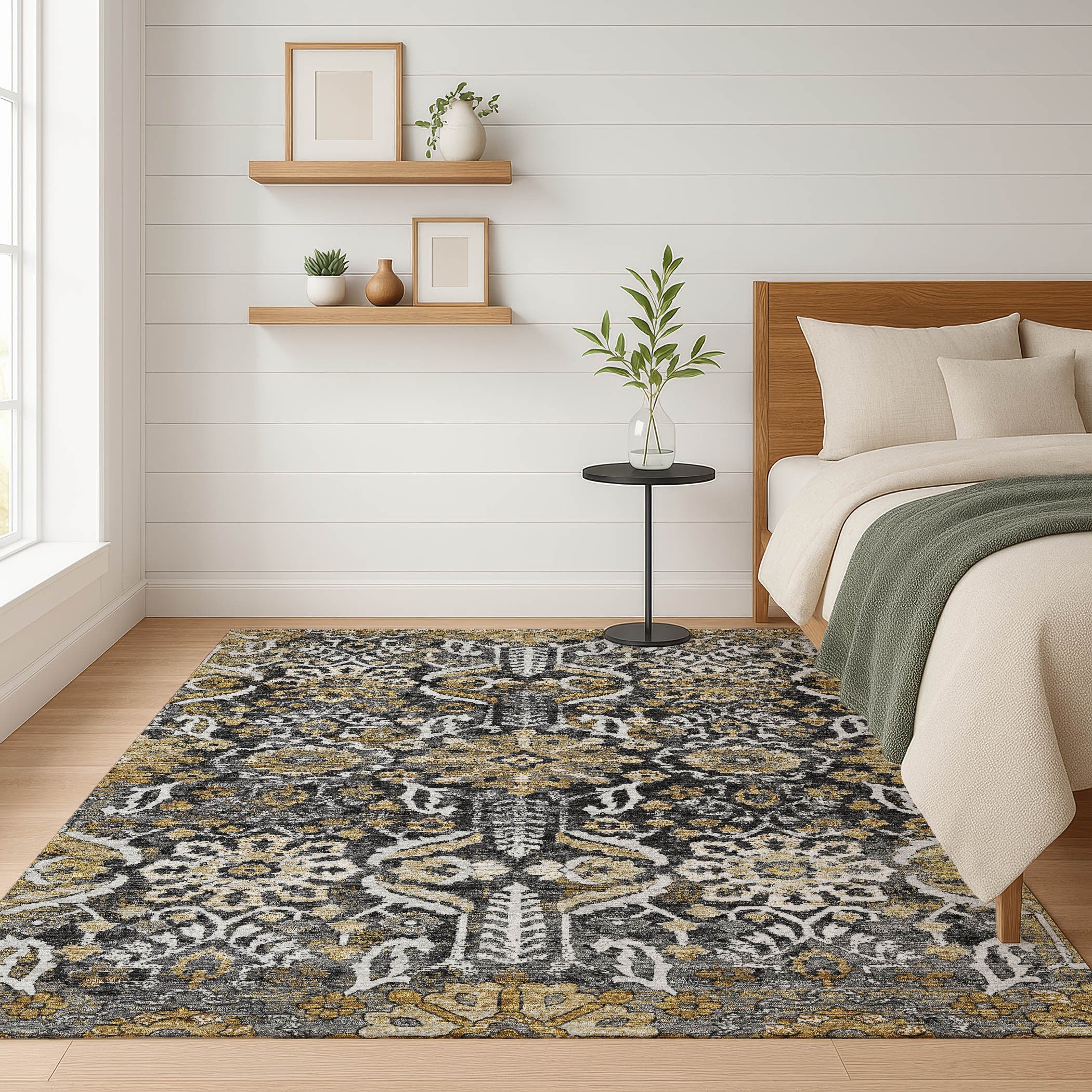 9' X 12' Black And Graphite Damask Washable Indoor Outdoor Area Rug Homeroots Outdoor