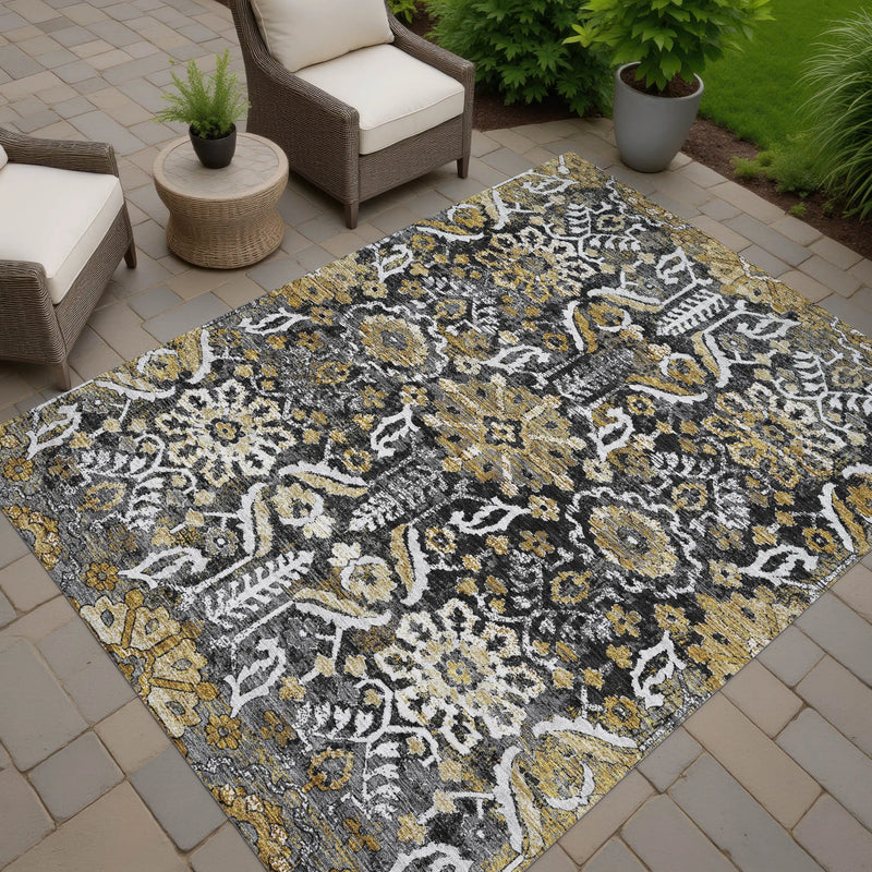 9' X 12' Black And Graphite Damask Washable Indoor Outdoor Area Rug Homeroots Outdoor