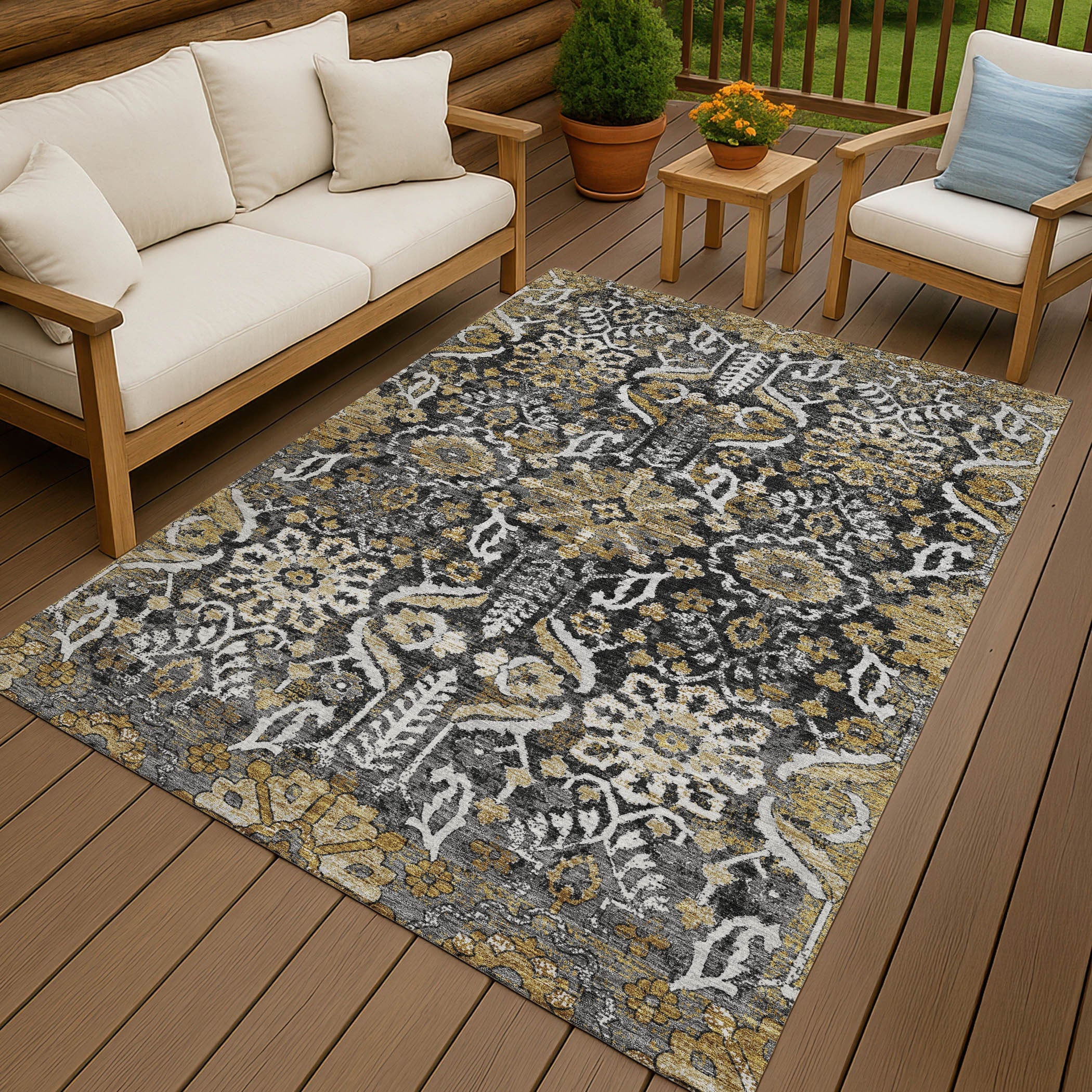 9' X 12' Black And Graphite Damask Washable Indoor Outdoor Area Rug Homeroots Outdoor