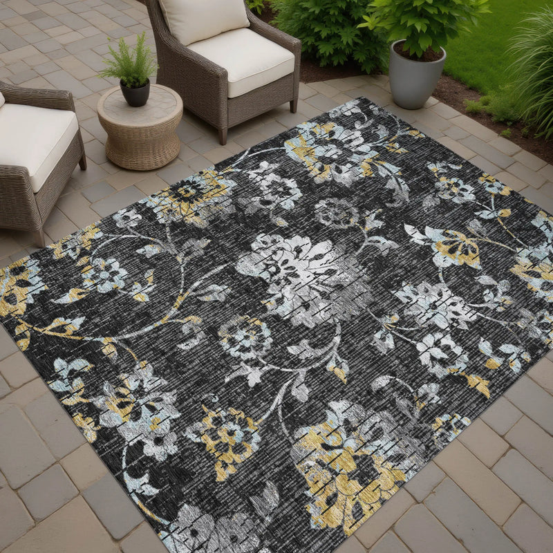 9' X 12' Black And Graphite Floral Washable Indoor Outdoor Area Rug Homeroots Outdoor