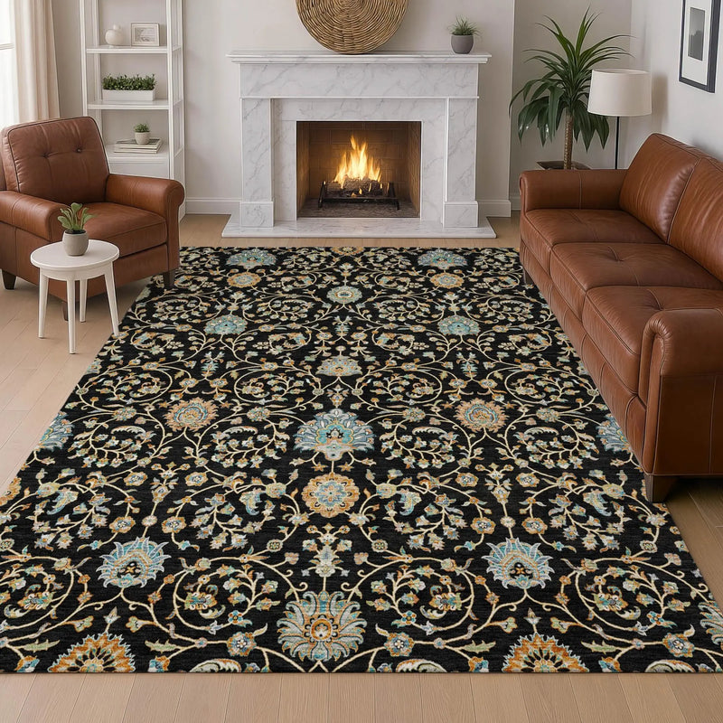 9' X 12' Black And Graphite Floral Washable Indoor Outdoor Area Rug Homeroots Outdoor