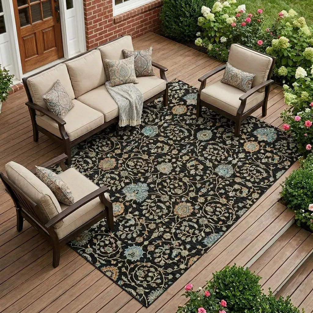 9' X 12' Black And Graphite Floral Washable Indoor Outdoor Area Rug Homeroots Outdoor