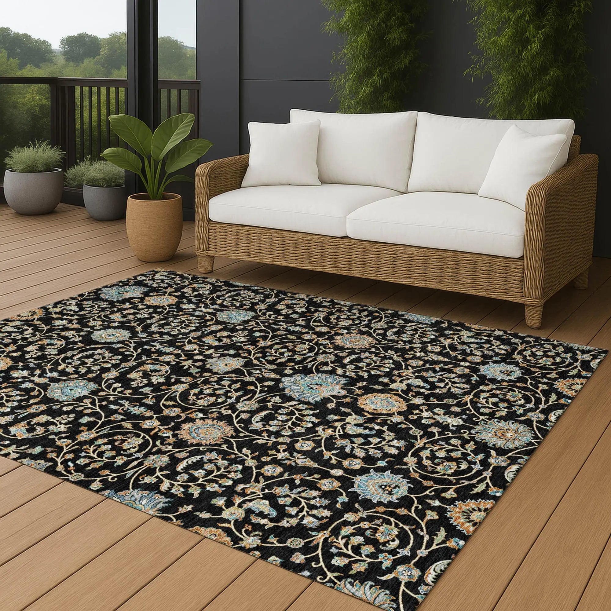 9' X 12' Black And Graphite Floral Washable Indoor Outdoor Area Rug Homeroots Outdoor