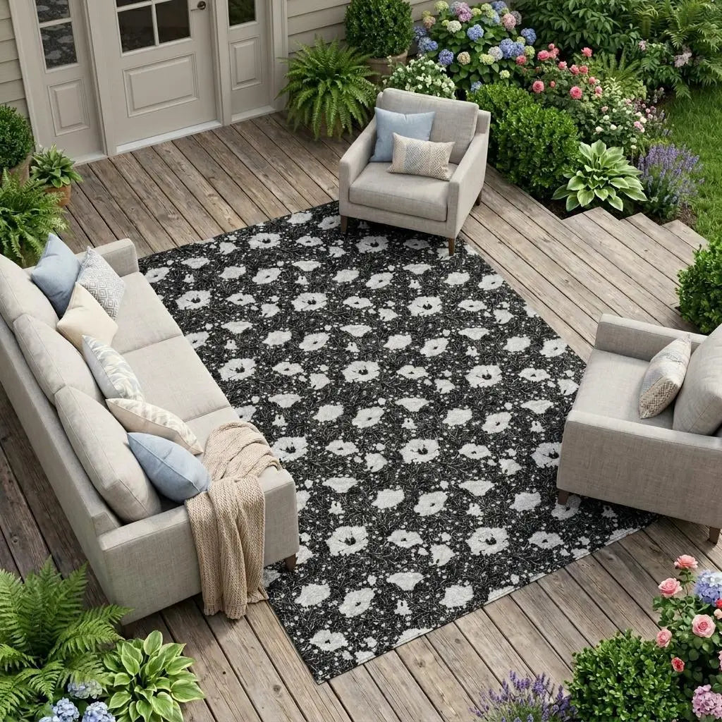 9' X 12' Black And Graphite Floral Washable Indoor Outdoor Area Rug Homeroots Outdoor
