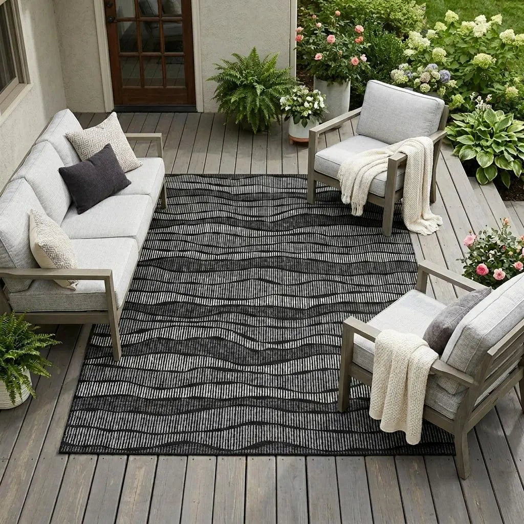 9' X 12' Black And Graphite Striped Washable Indoor Outdoor Area Rug Homeroots Outdoor