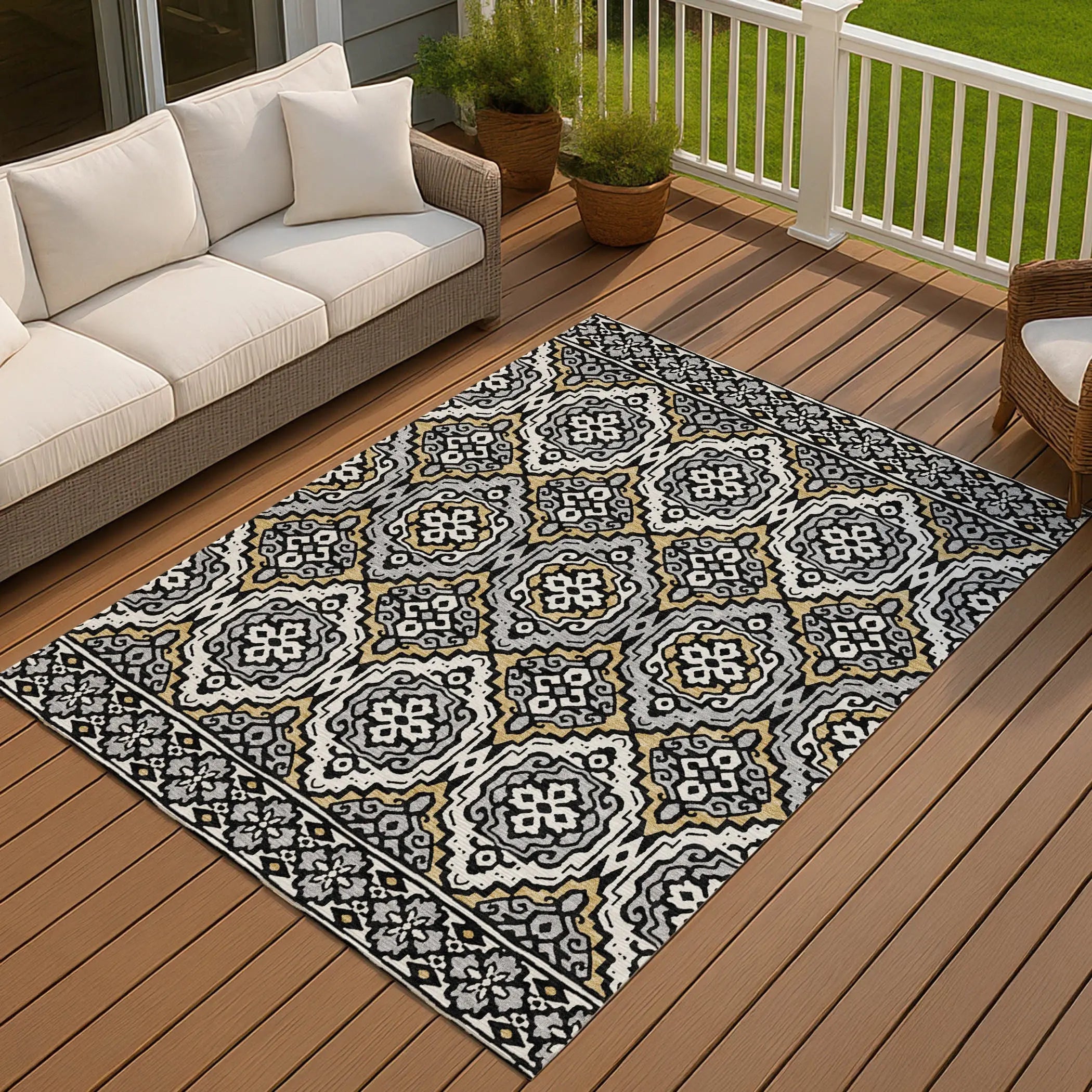 9' X 12' Black And Gray Tribal Washable Indoor Outdoor Area Rug Homeroots Outdoor